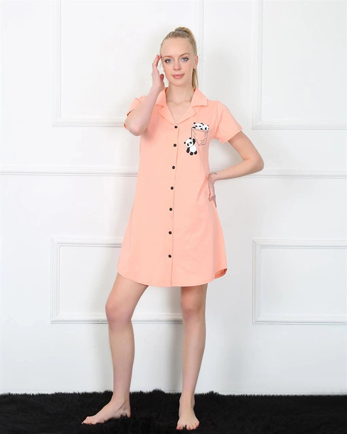 Giyim Kadın Penye Önden Düğmeli Pembe Tunik Gecelik