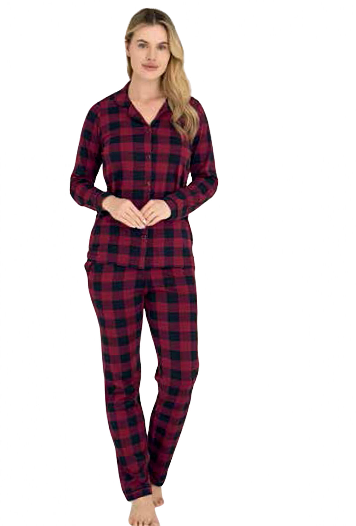 Kly Kadın Kareli Önden Düğmeli Mürdüm Kışlık Pijama 9205