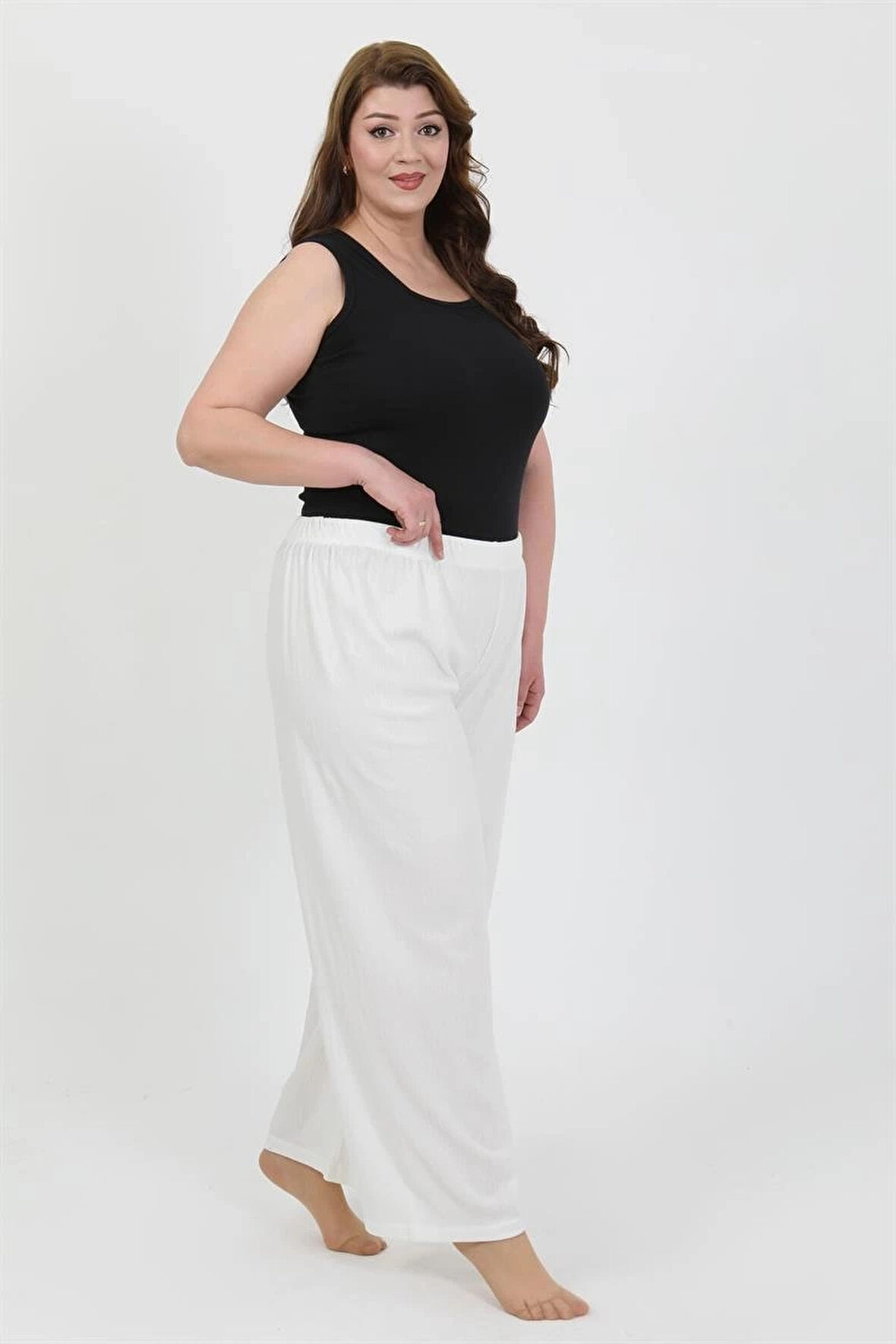 Giyim Kadın Büyük Beden Bürümcük Pantolon Beyaz