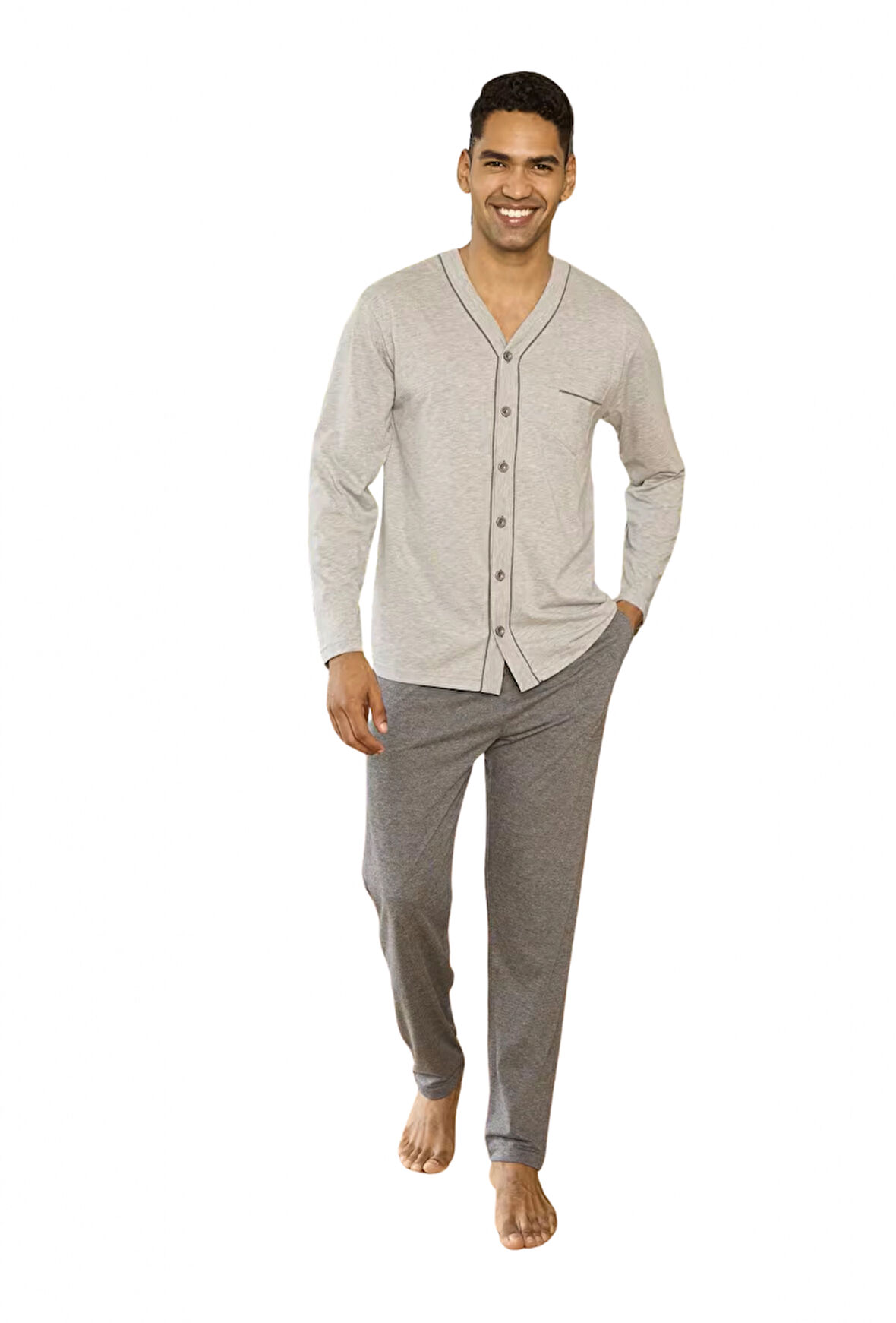 Kly V Yaka Boydan Düğmeli Battal Boy Erkek Pijama Takımı 9267 % 100 Pamuk