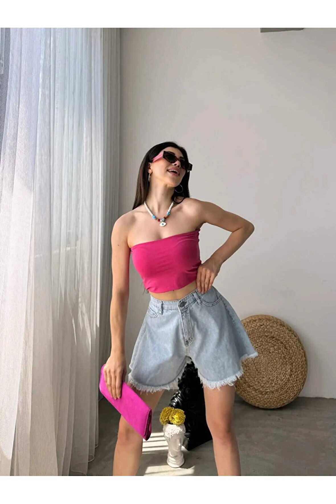 Geniş Paça Püsküllü Denim Kadın Mini Şort