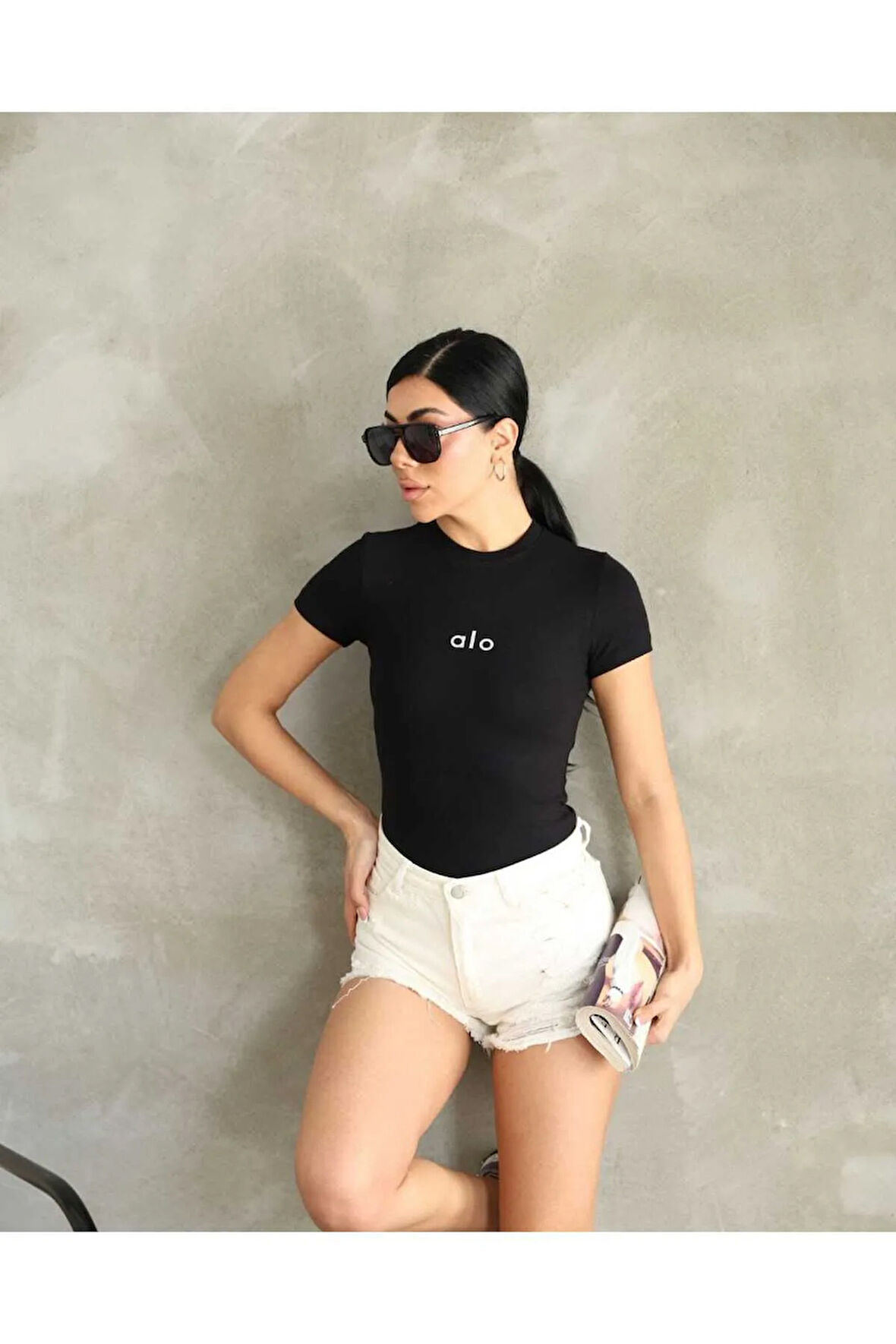 Al@ Kabartmalı Basic Siyah Kadın T-shirt Body