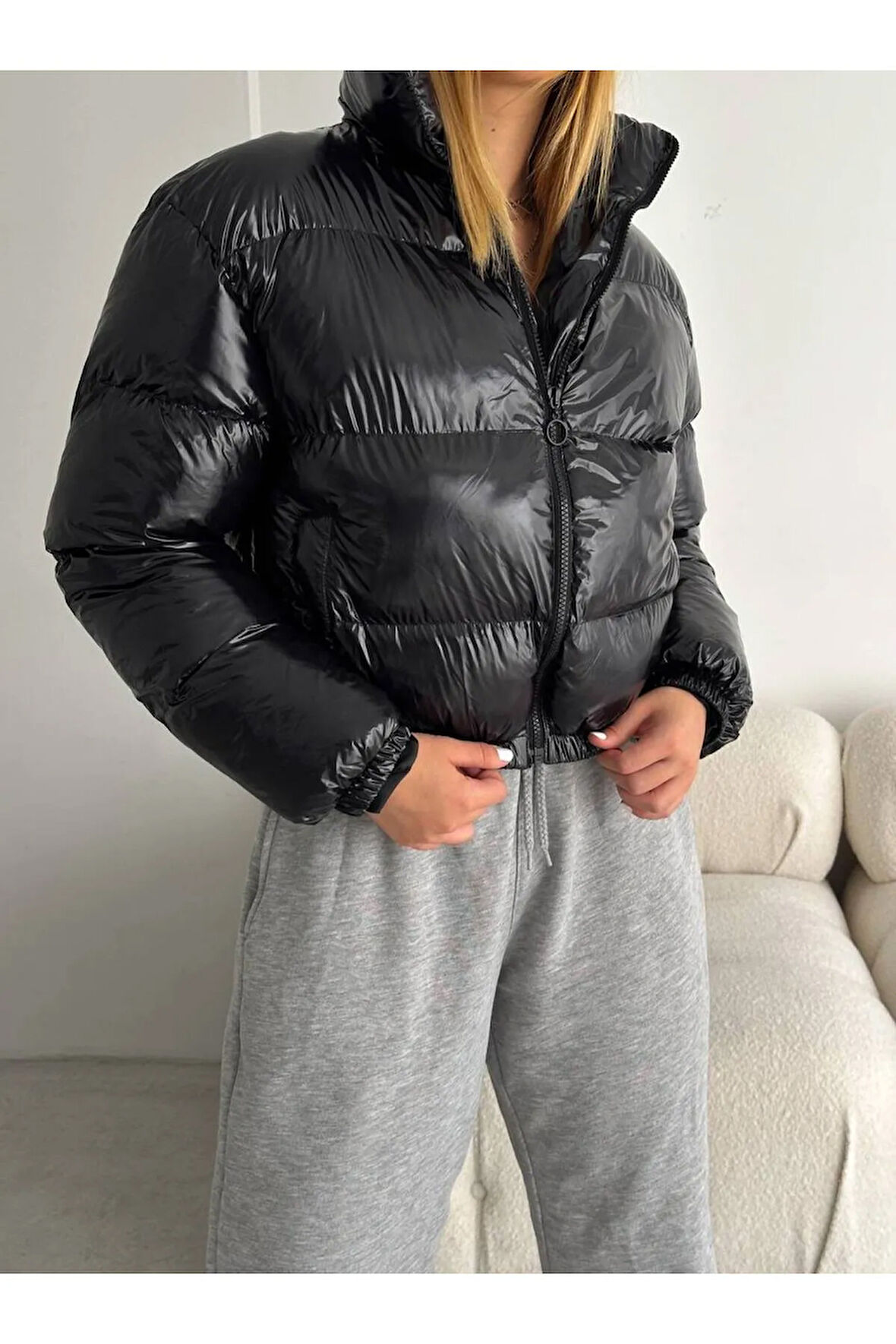 Kadın Şişme Mont Elyaflı Kapüşonsuz Cepli Rüzgar Geçirmez Su Geçirmez Kışlık Bomber Mont