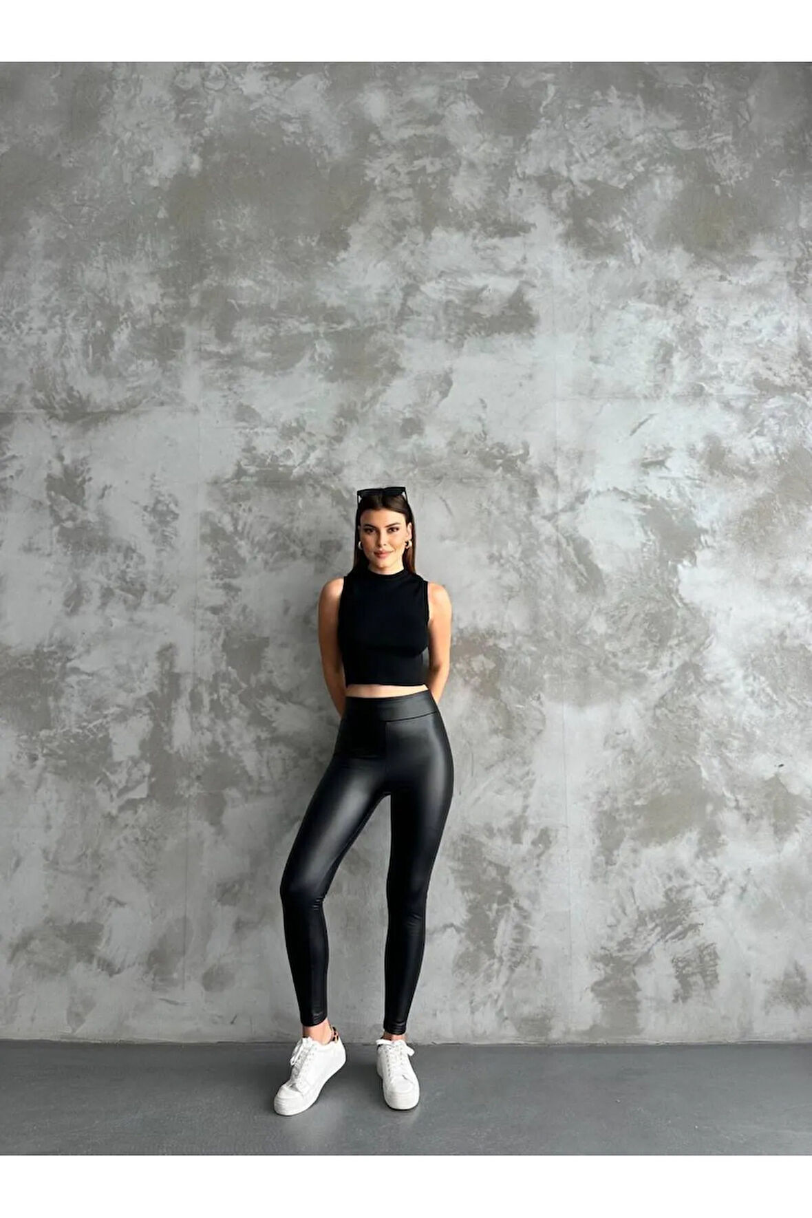 Yüksek Bel Toparlayıcı Dar Kalıp Iç Göstermez Şardonlu Kadın Deri Tayt