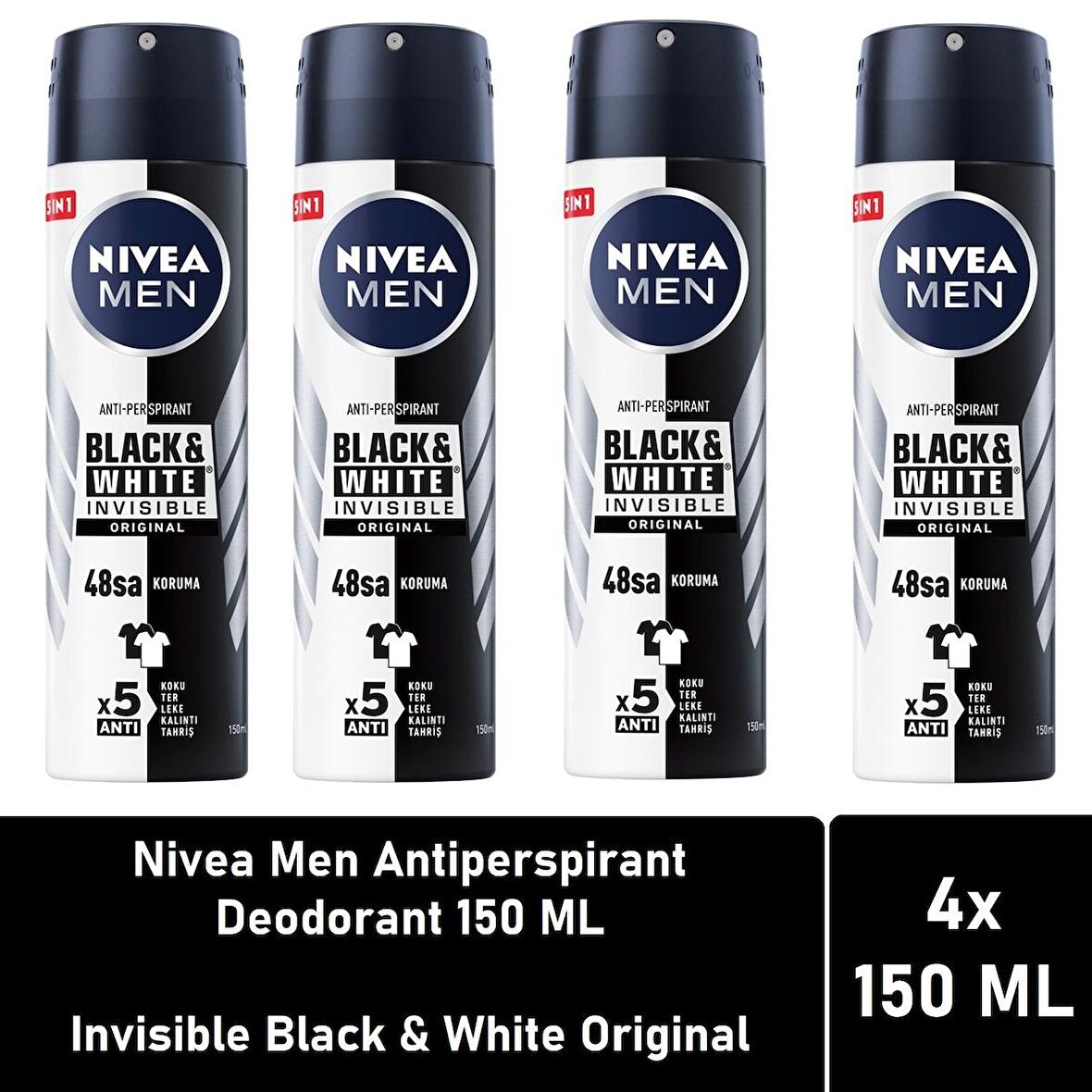 Nivea Men Deodorant Invisible Black White Original 150 ML - 4'lü Avantaj Paketi