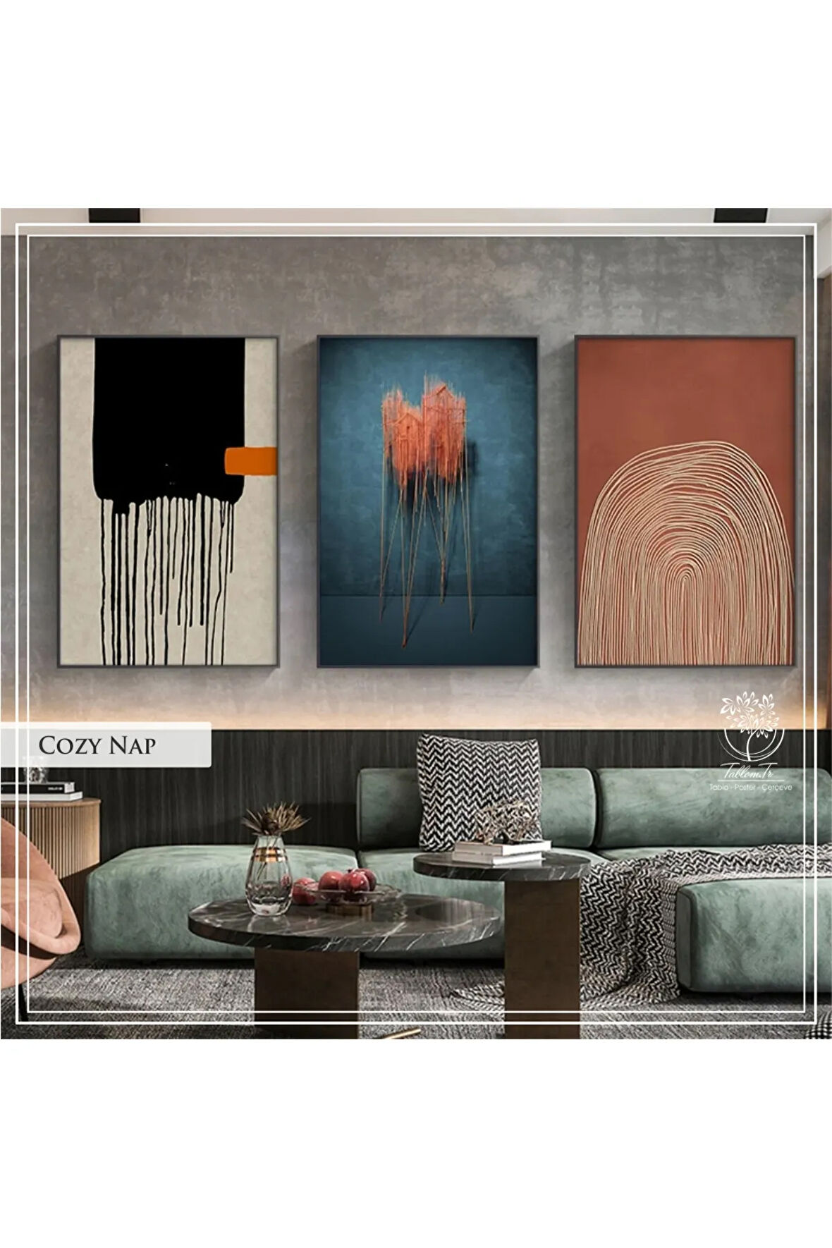Metal Çerçeveli Gerçek Camlı Tablo CozyNap 3 Lü Set