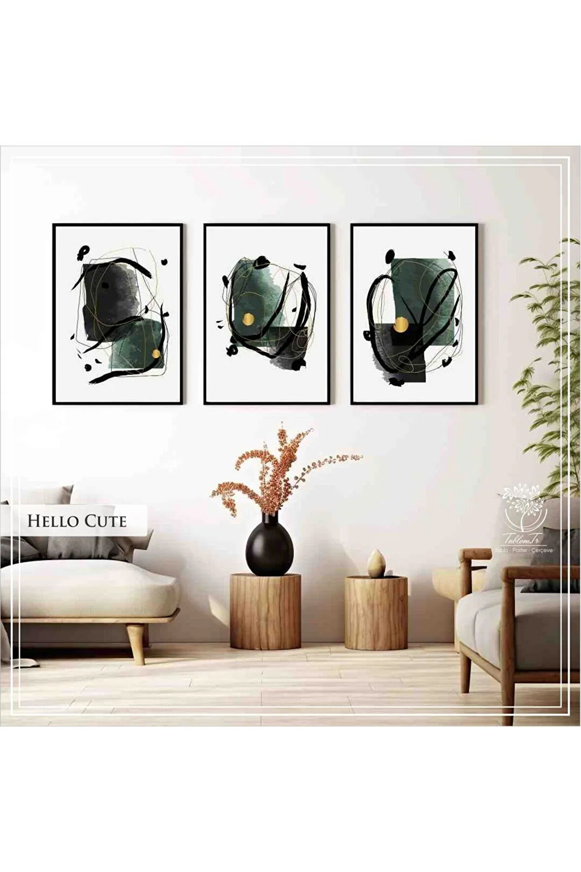 Metal Çerçeveli Gerçek Camlı Tablo Hellocute 3 Lü Set