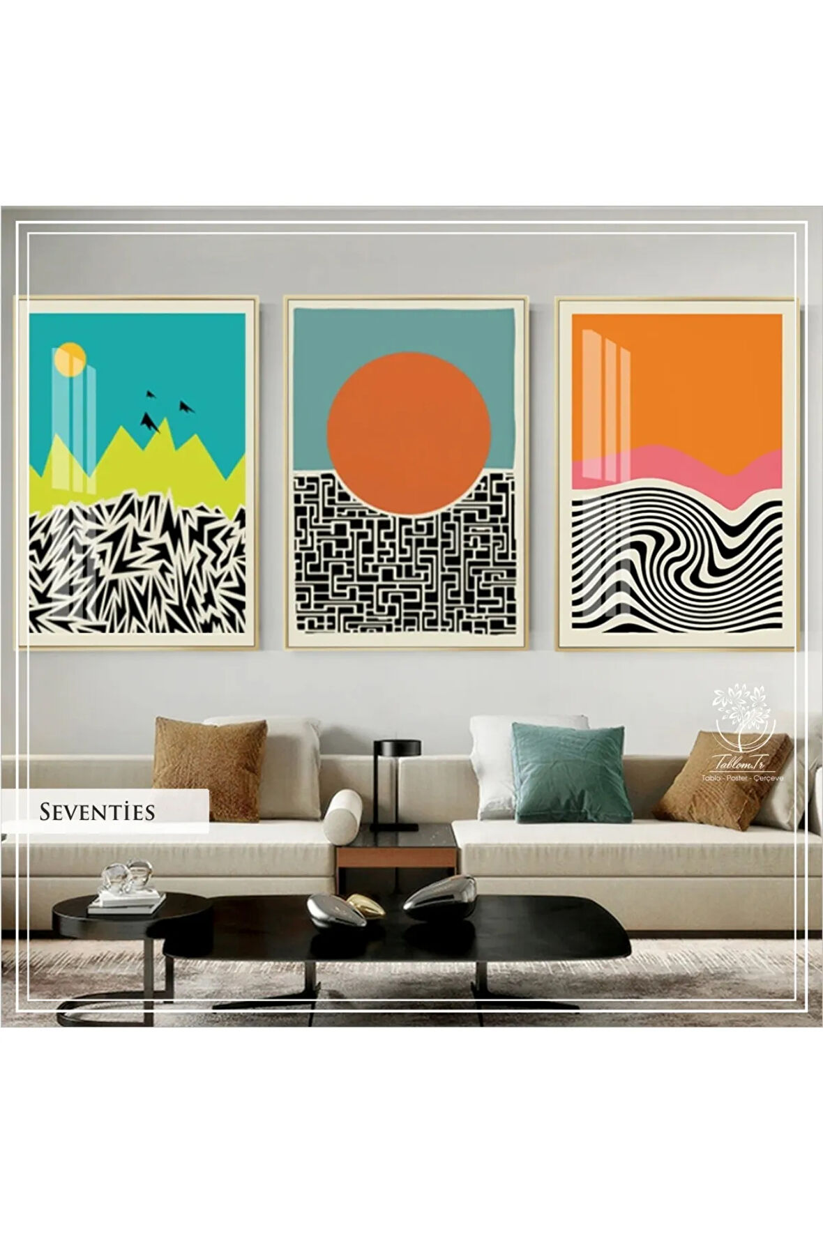 Metal Çerçeveli Gerçek Camlı Tablo SeventiesB 3 Lü Set