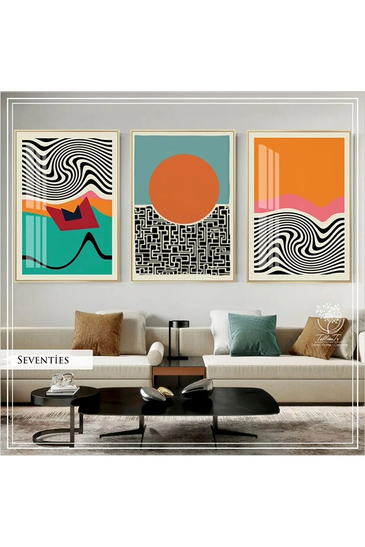 Metal Çerçeveli Gerçek Camlı Tablo SeventiesC 3 Lü Set