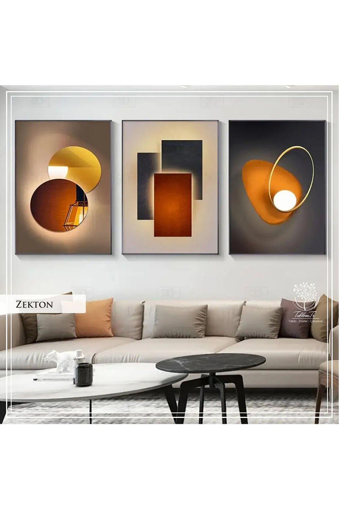 Metal Çerçeveli Gerçek Camlı Tablo Zekton 3 Lü Set