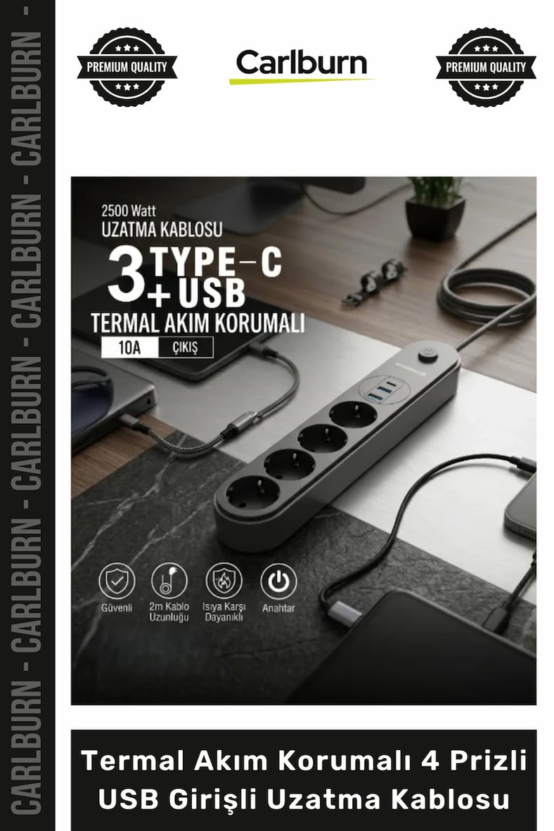 #Uzatma TypeC Şarjlı Dayanıklı 2500 Watt Termal Akım Korumalı 4 Prizli USB Girişli Uzatma Kablosu