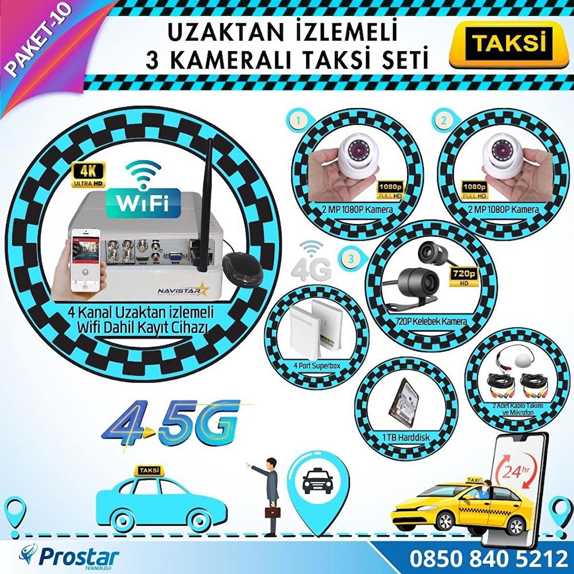 Taksi Kamera Seti 10 Uzaktan izlemeli 3 Kameralı Wifi 4G 1 TB Harddisk Dahil