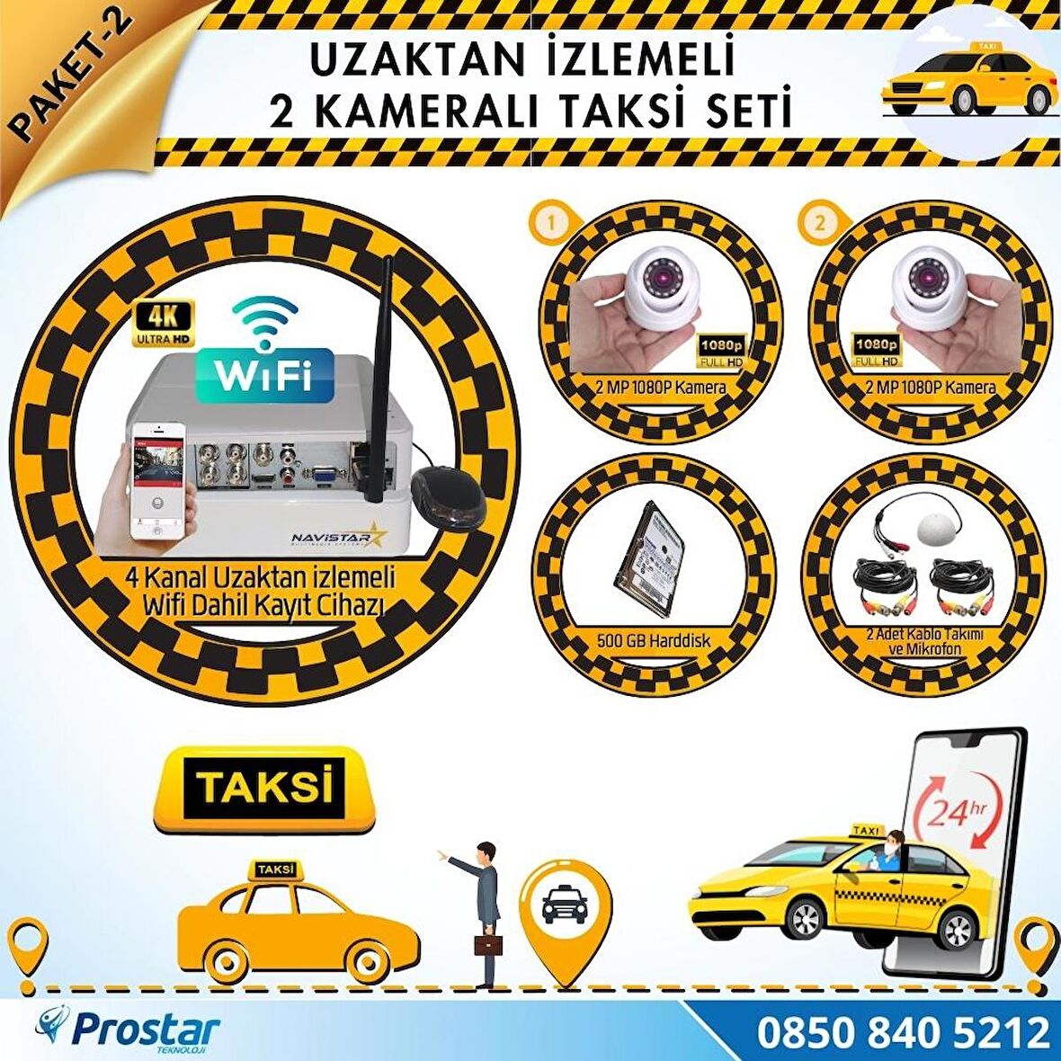Taksi Kamera Seti 2 Uzaktan izlemeli 2 Dome Kameralı Wifi 500 GB Harddisk Dahil