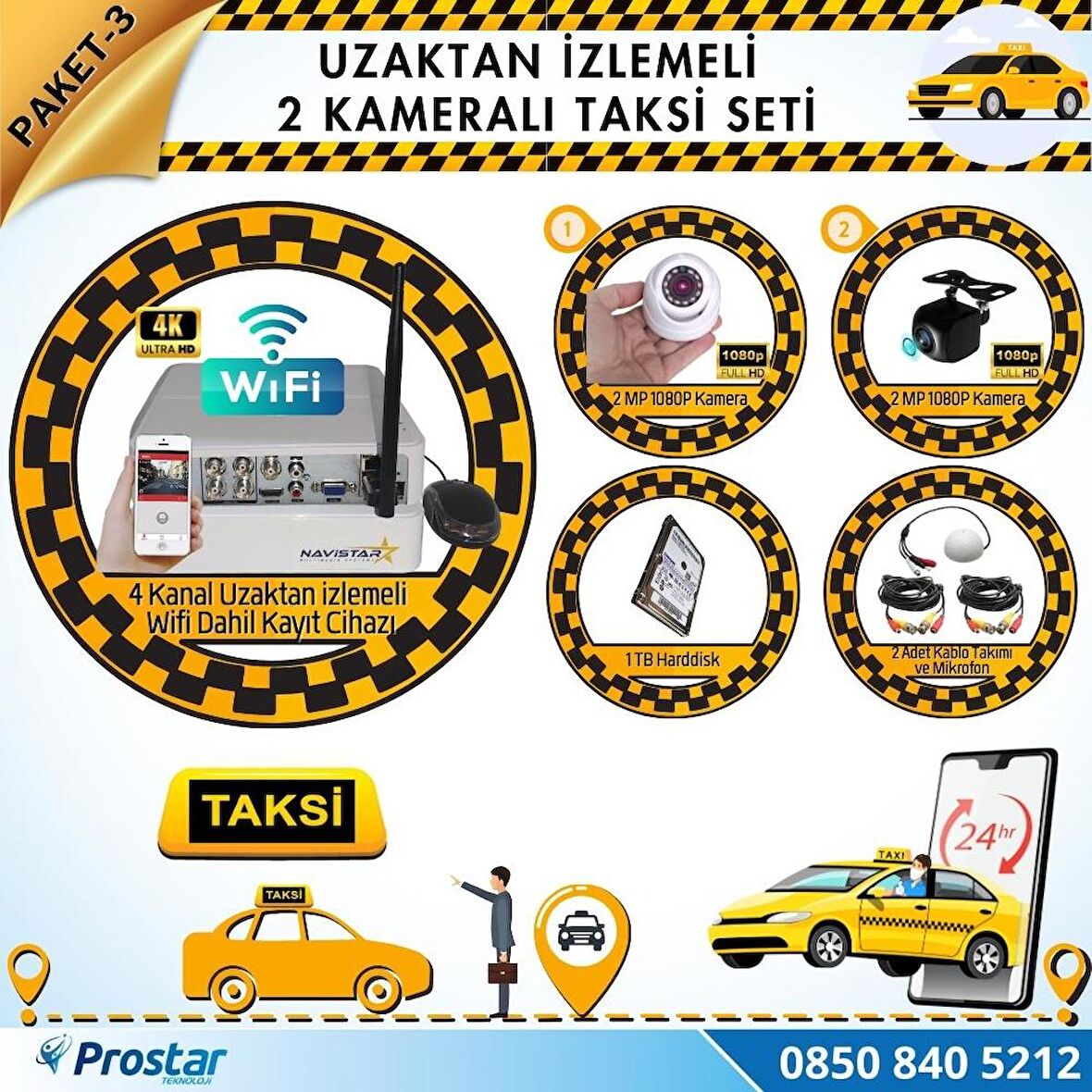Taksi Kamera Seti 3 Uzaktan izlemeli 2 Kameralı Wifi 1 TB Harddisk Dahil