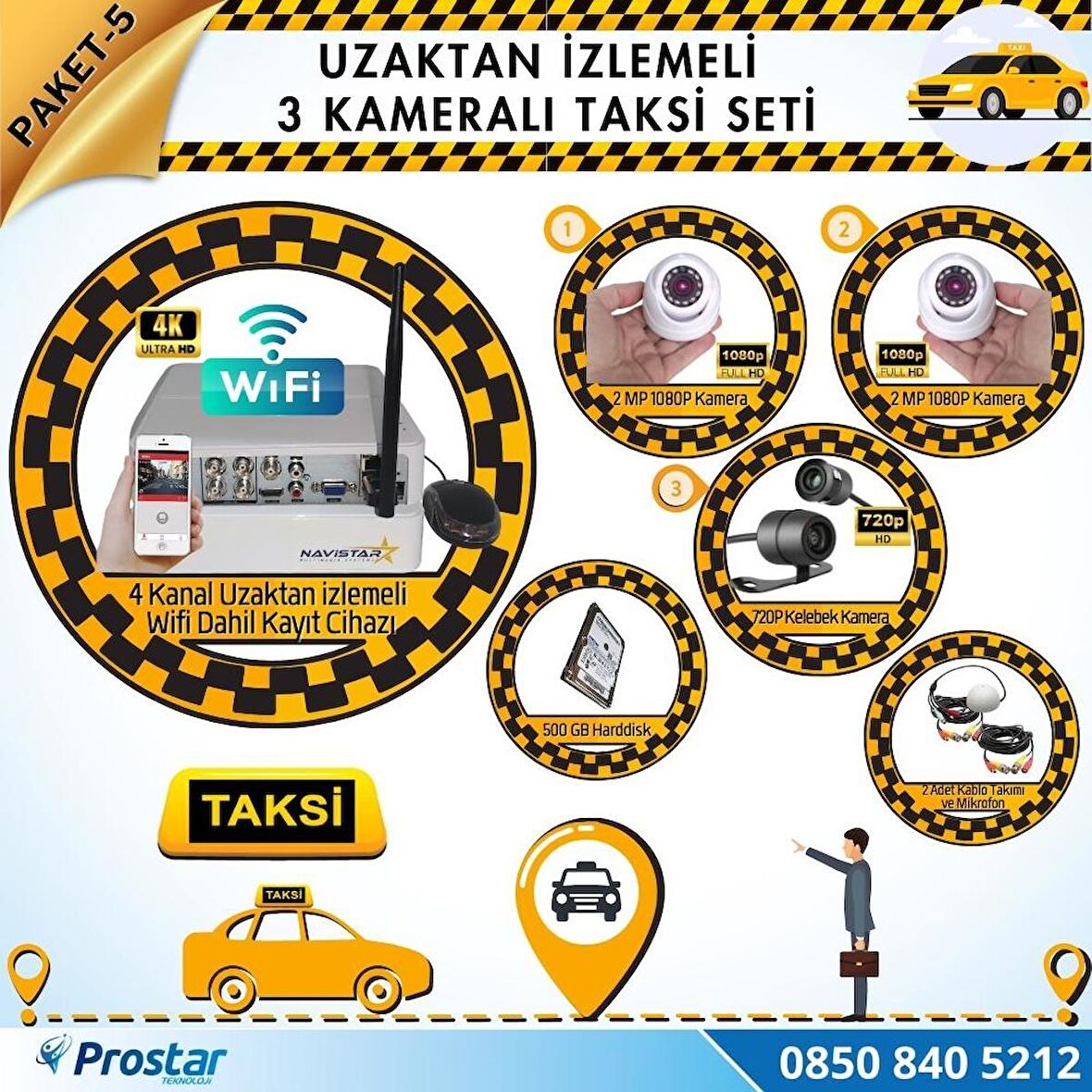 Taksi Kamera Seti 5 Uzaktan izlemeli 3 Kameralı Wifi 500 GB Harddisk Dahil