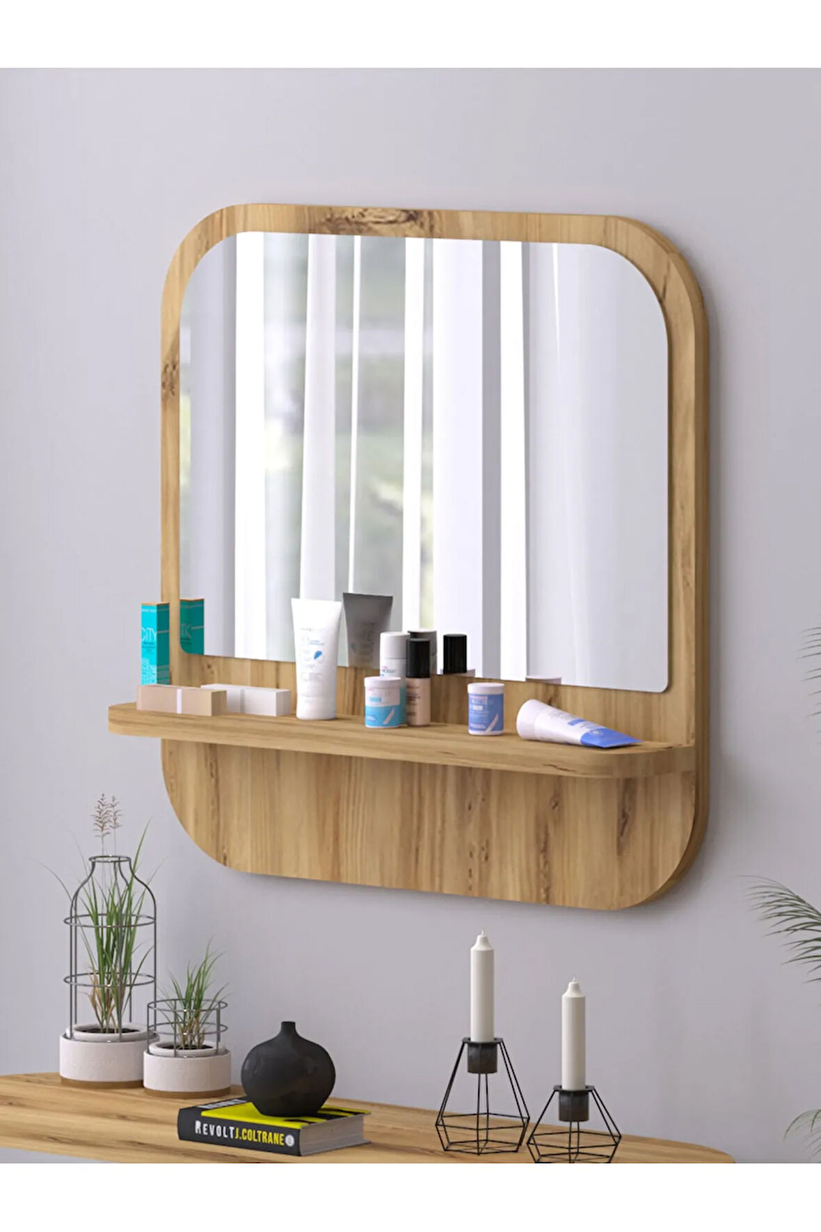 Raflı Kare 58 cm Koridor Dresuar Konsol Duvar Salon Banyo Ofis Çocuk Yatak Oda raflı Aynası