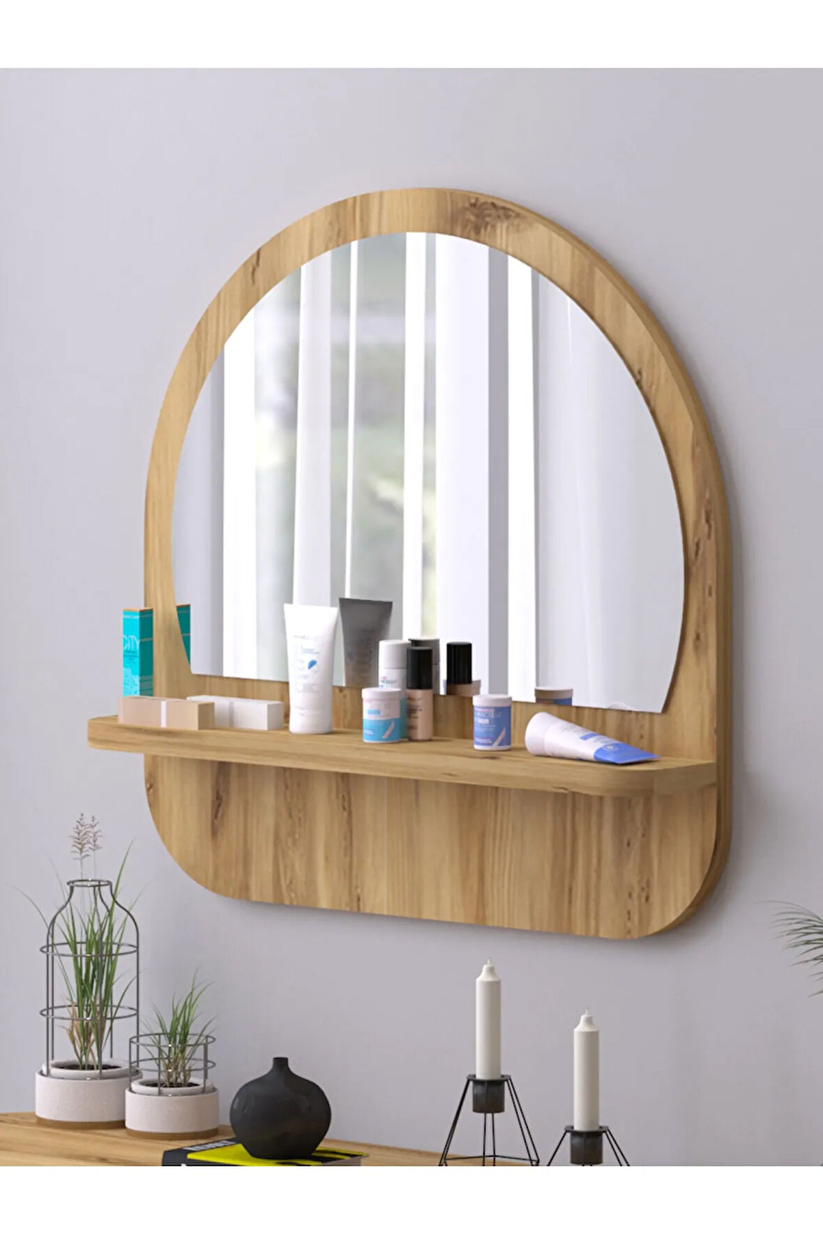 Raflı Oval 45 cm Koridor Dresuar Konsol Duvar Salon Banyo Ofis Çocuk Yatak Oda raflı Aynası