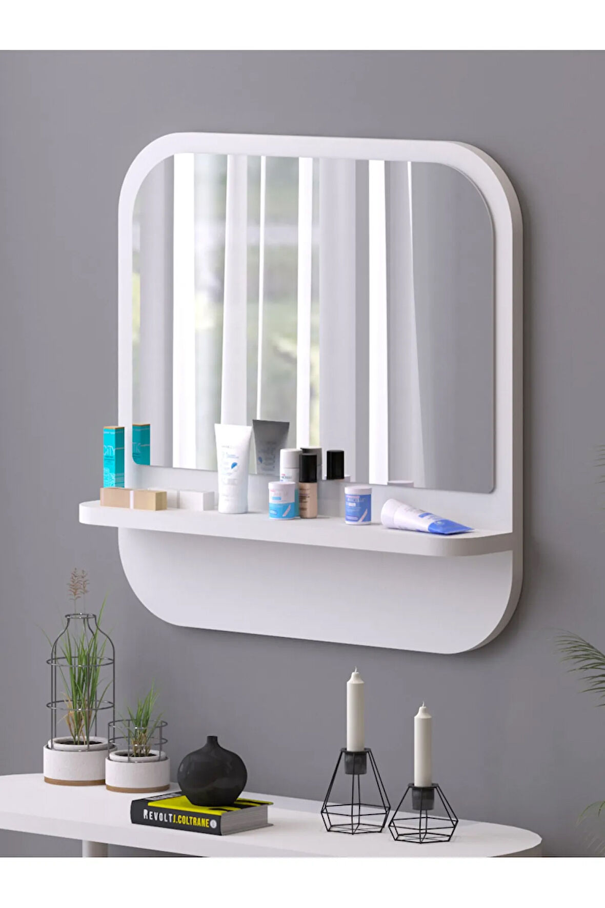 Raflı Kare 58 cm Koridor Dresuar Konsol Duvar Salon Banyo Ofis Çocuk Yatak Oda raflı Aynası