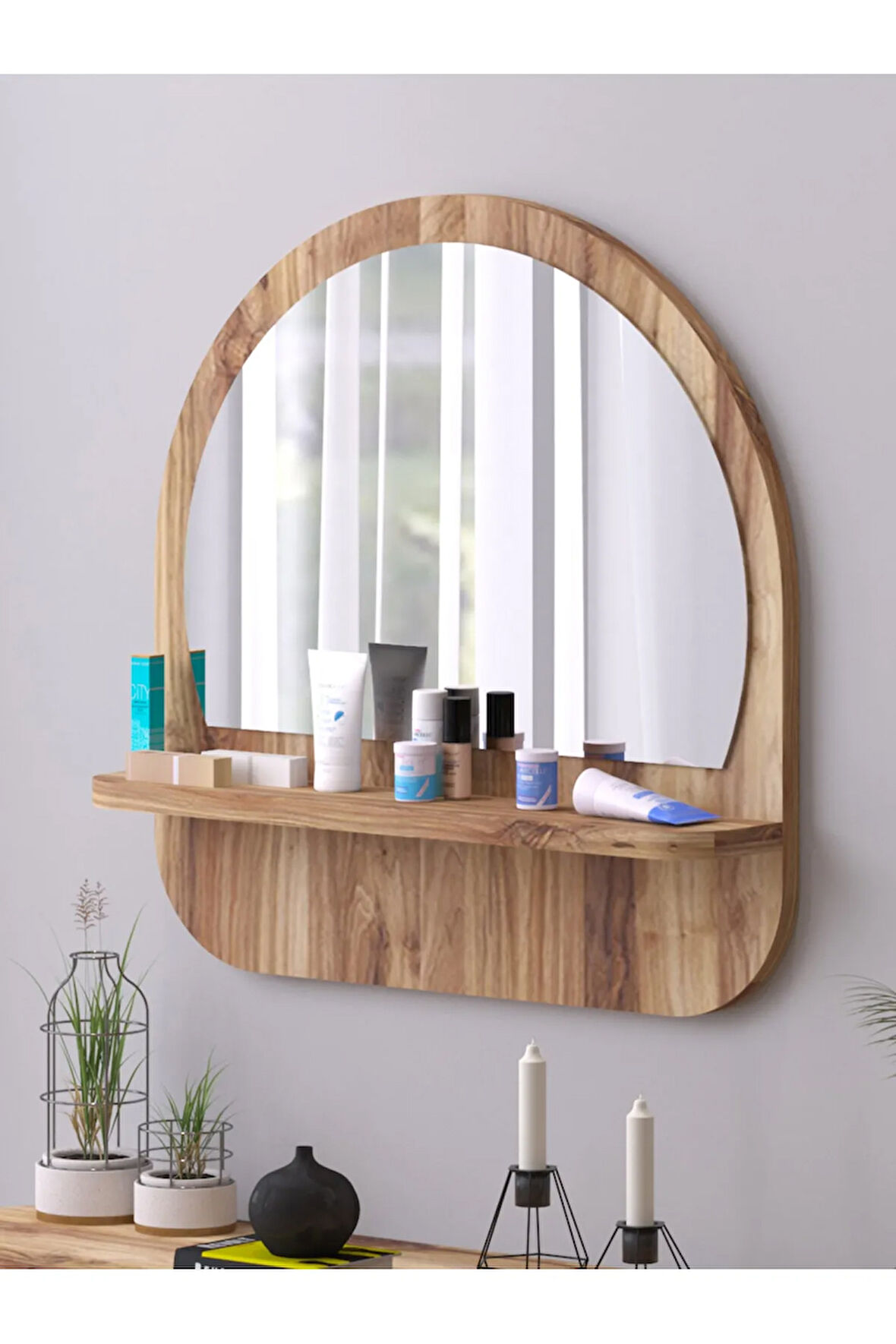 Raflı Oval 58 cm Koridor Dresuar Konsol Duvar Salon Banyo Ofis Çocuk Yatak Oda raflı Aynası