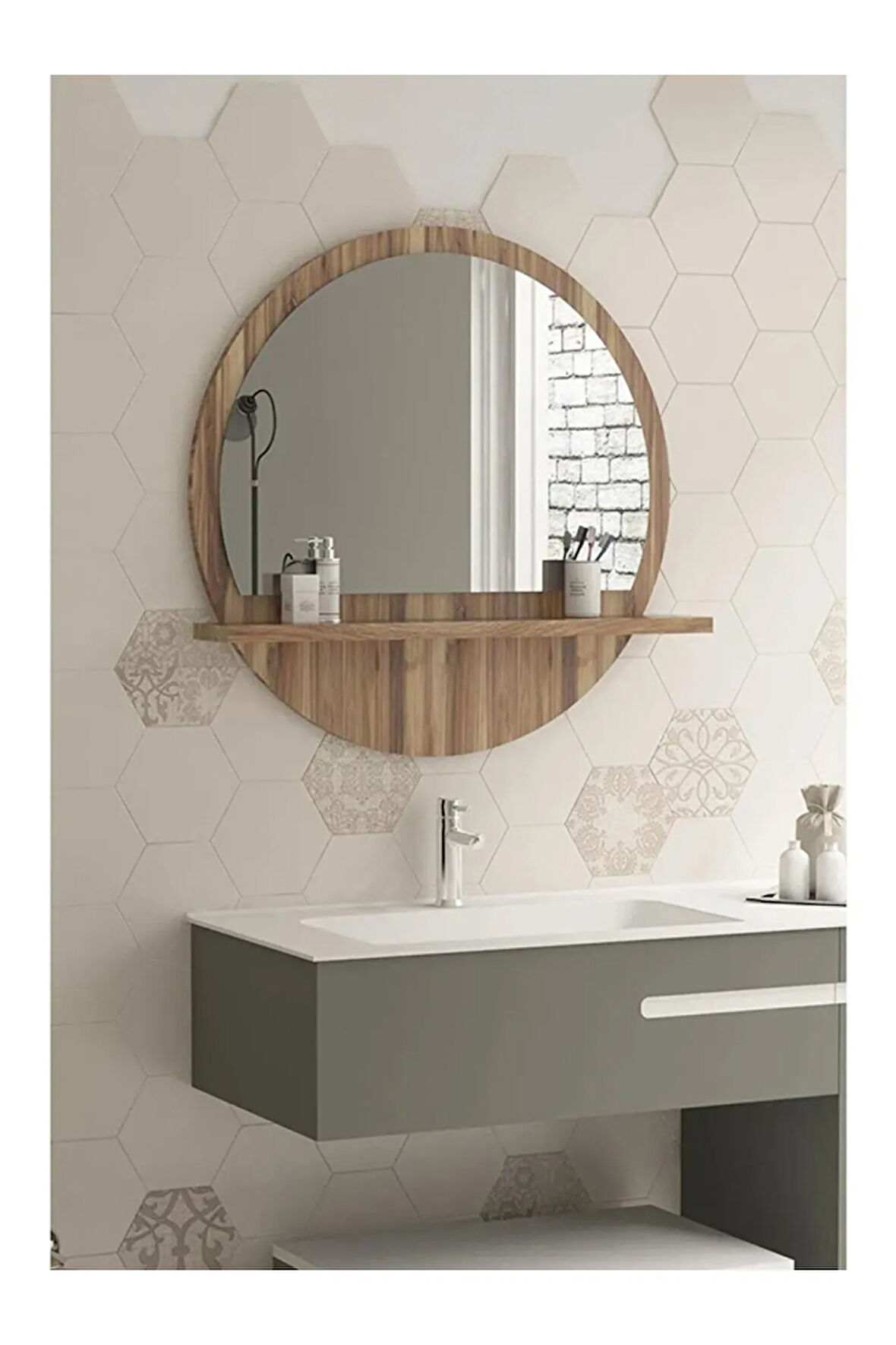 Tarz Design 58 Cm Yuvarlak Ceviz Raflı Koridor Konsol Duvar Salon Banyo Ofis Yatakoda Aynası