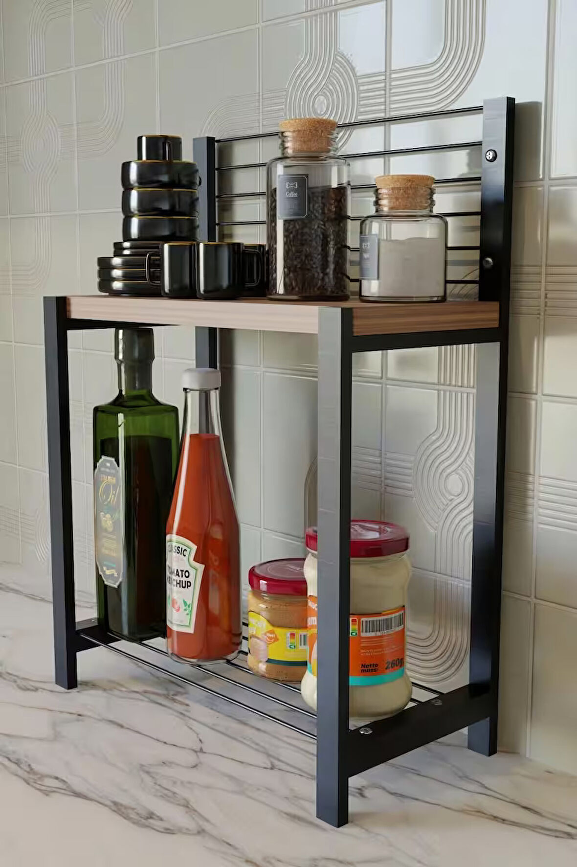 Metal Telli Ahşap 2 Katlı Mutfak Düzenleyici Raf – Baharatlık, Yağlık, Tabak ve Kavanoz Organizer – Tezgah Üstü Düzenleyici 35x15x48 cm