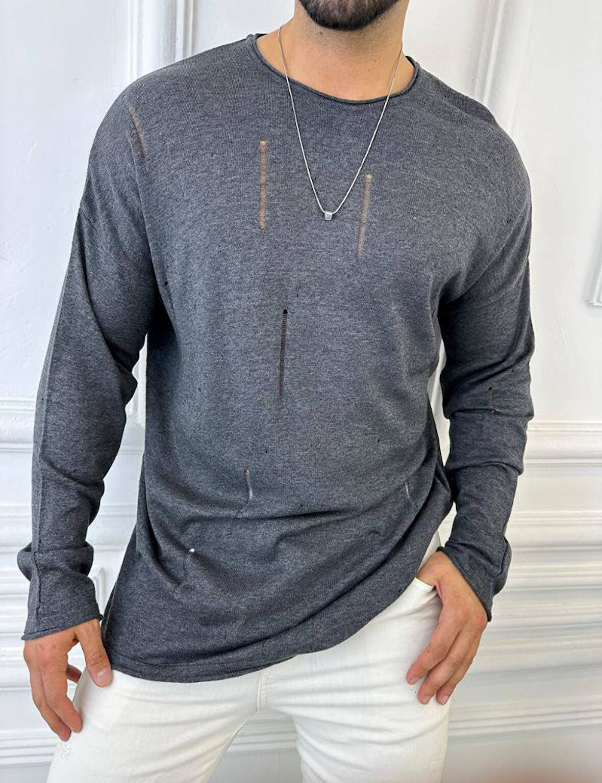 T-Shirt Örme Natural Pamuk Tshirt Yırtık Detaylı Lazer Kesim Triko Tişört Sweatshirt