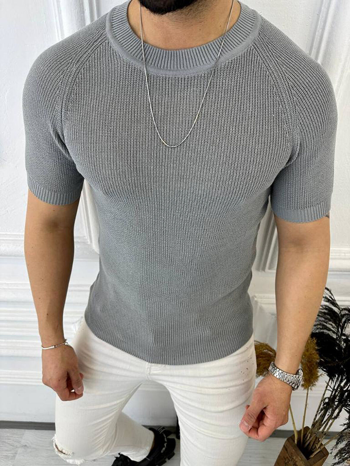 Örme Triko Tişört Kısa Kollu Triko Slim Fit Dar Kesim T-shirt