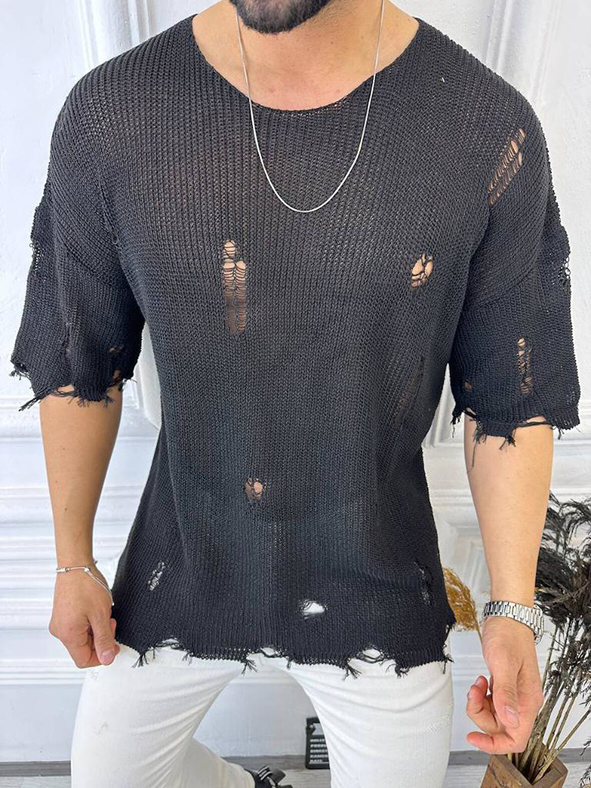 Tişört Yırtık Detaylı Oversize Tshirt Lazer Kesim T-shirt