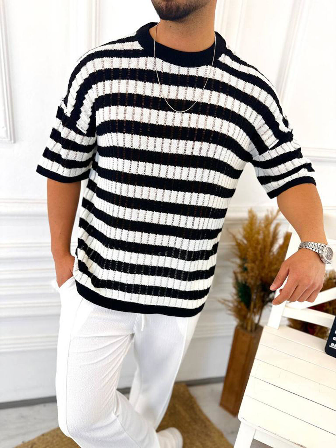 T-Shirt Nefes Alabilen Natural Pamuk Terletmez Kumaş Tshirt Oversize Örme Çizgili Tişört
