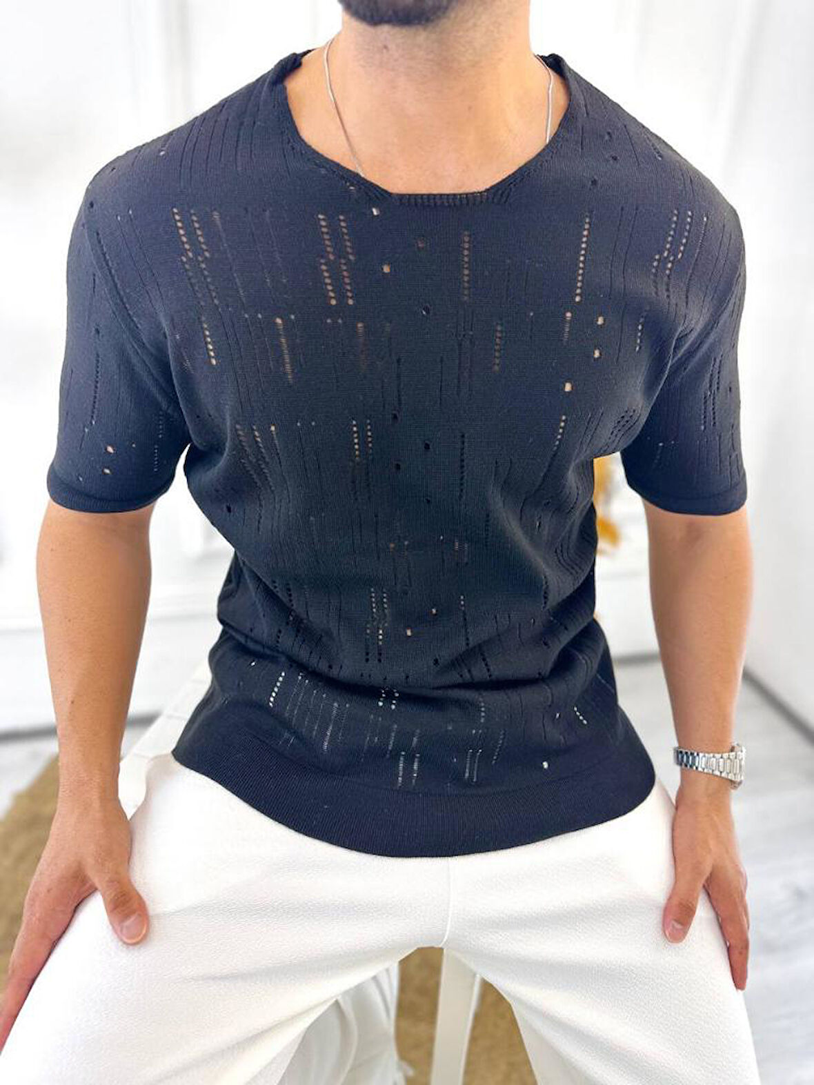 Tişört Lazer Kesim Yırtık Detaylı T-shirt Oversize Rahat Kalıp Tshirt