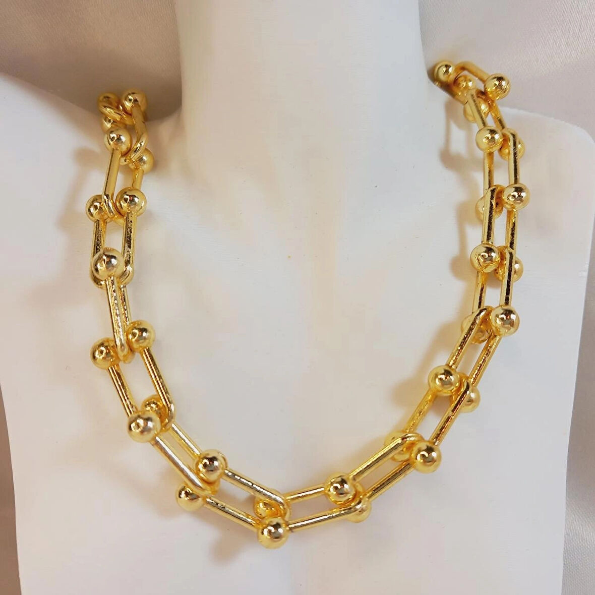 Crystal Atelier Kadın Gold Kaplama Lüx Model Kalın Zincir Kolye, Altın Kaplama Toplu Zincir Tiffany Blanca Kolye