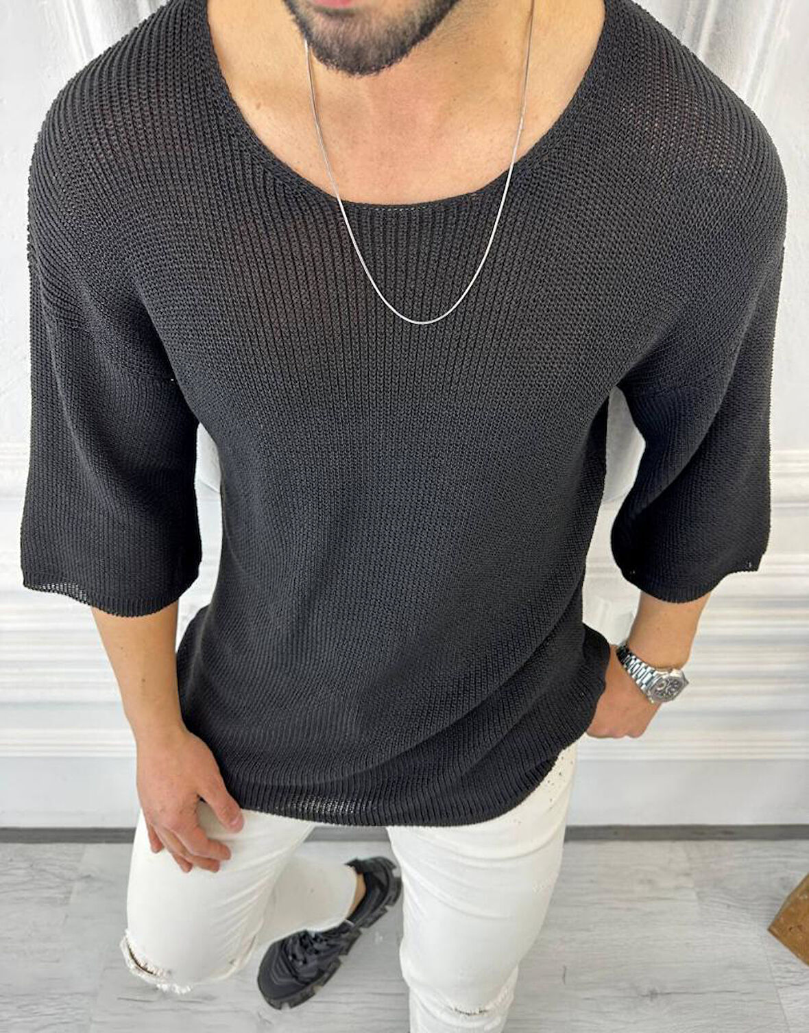 Tişört Örme Triko Tişört Nefes Alabilen Terletmez Oversize Bol Kesim Salaş T-Shirt