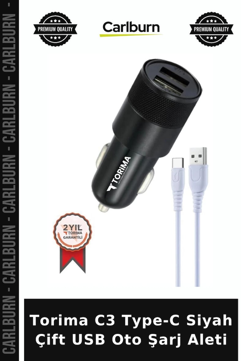 Özel Seri Torima C3 Type-C Siyah Çift USB Oto Şarj Aleti Pratik Telefon Seyahat