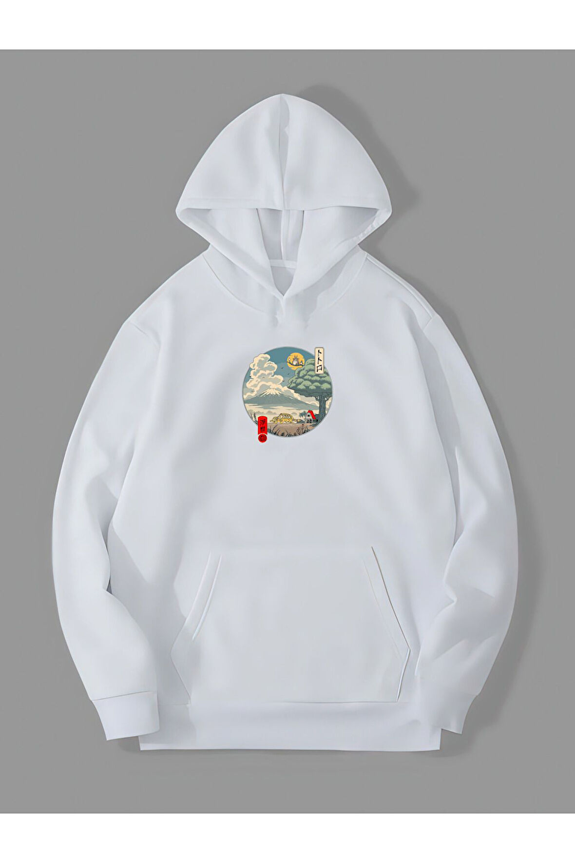 Üç İplik Totoro Baskılı Unisex Beyaz Kanguru Cepli Kapüşonlu Sweatshirt Hoodie | L