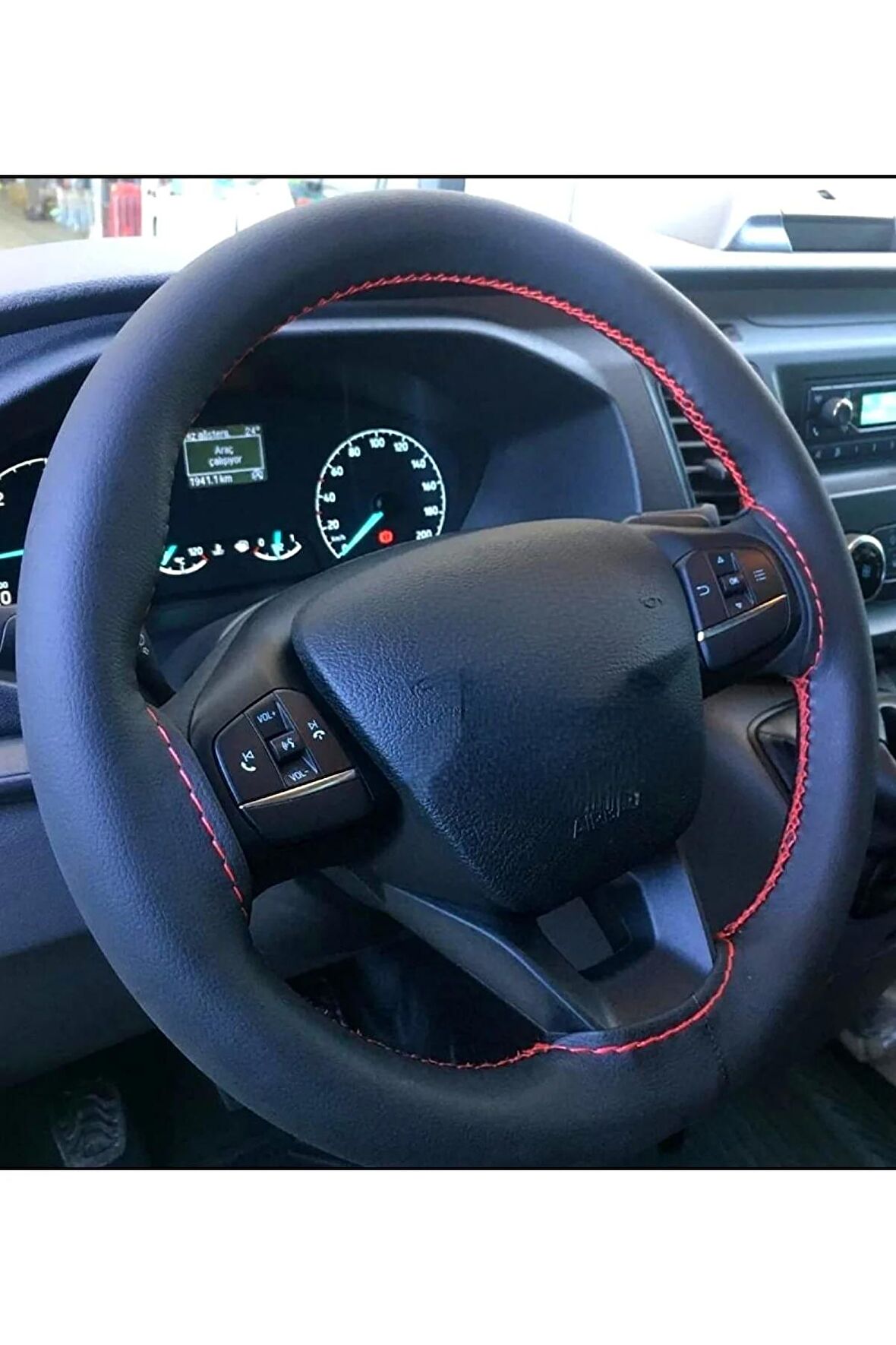 Ford Transit 2008> Uyumlu Deri Dikmeli Direksiyon Kılıfı Soft Kırmızı Ipli (38×11CM)