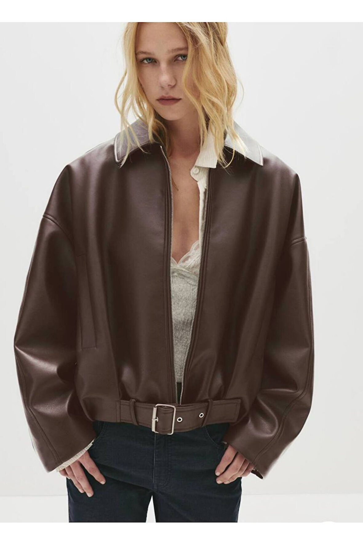 Trend Viral Kemer Detaylı Oversize Deri Ceket