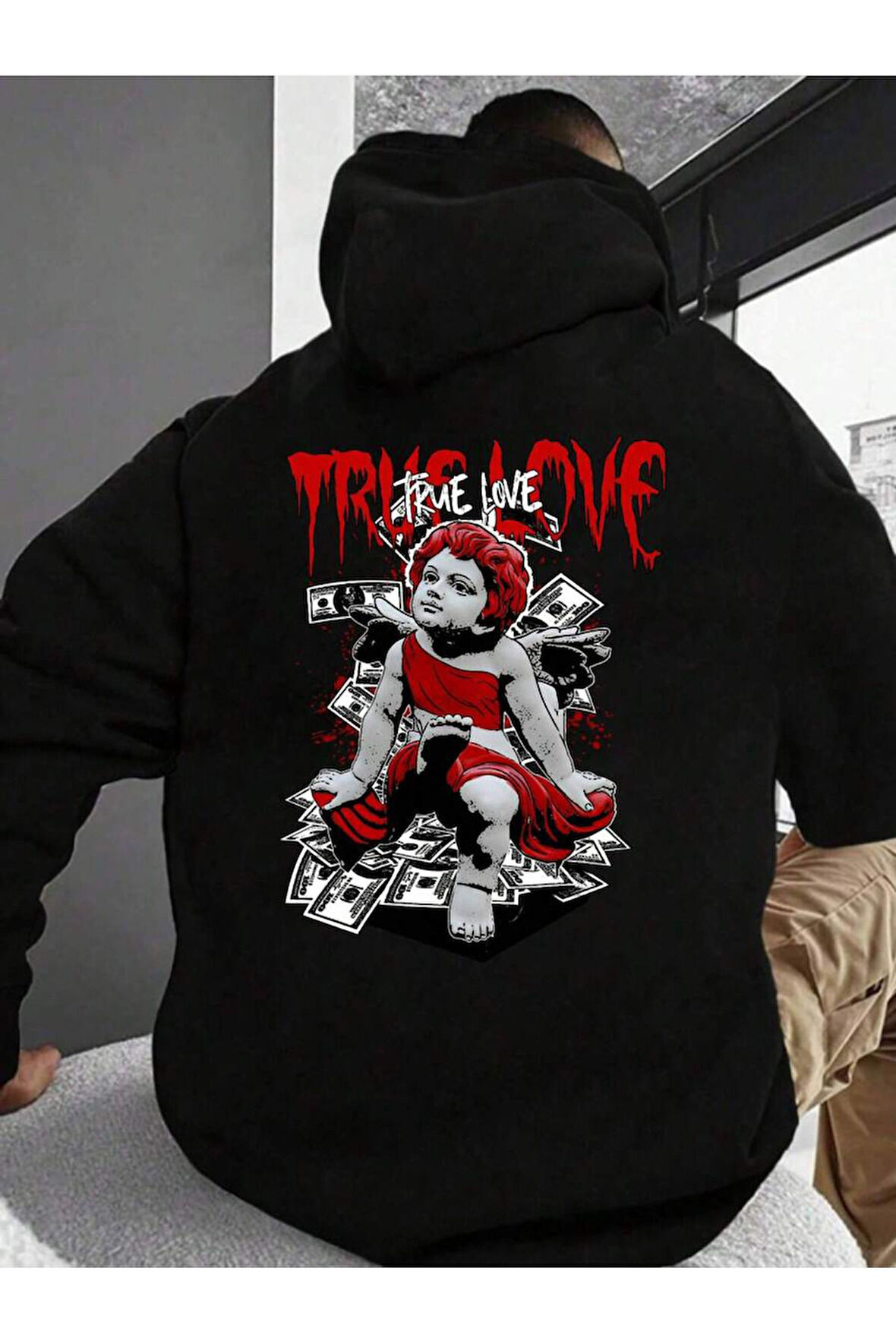 True Love Ön/Arka Baskılı Unisex Siyah Kanguru Cepli Kapüşonlu Sweatshirt Hoodie | M