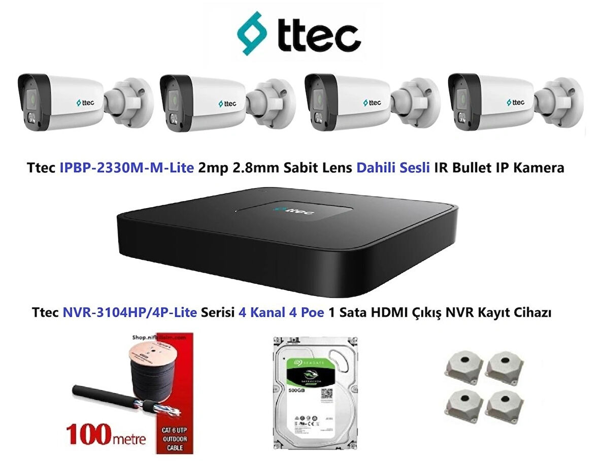 Ttec 2mp Mikrofonlu 4 Kameralı 500GB Disk Tak Çalıştır Hazır IP Kamera Seti