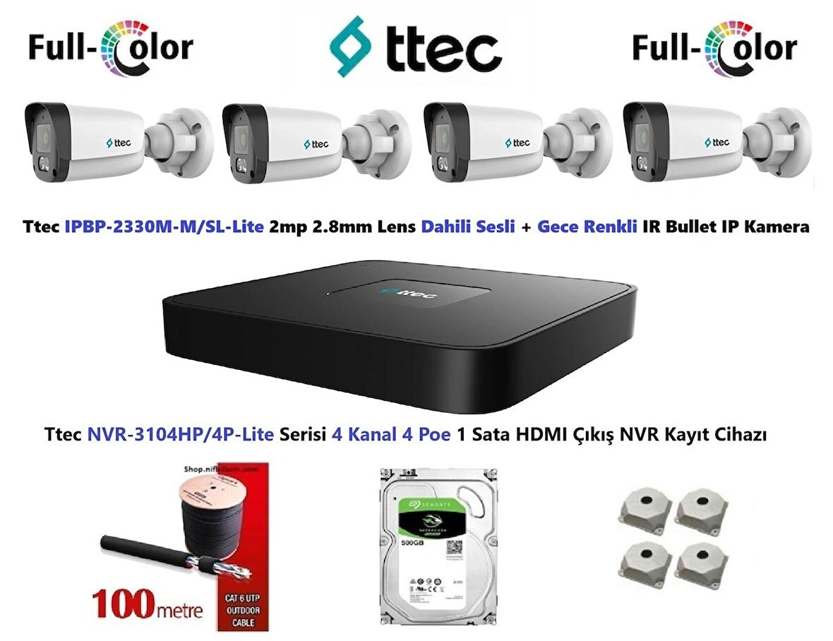 Ttec 2mp Dahili Sesli Ve Gece Renkli 4 Kameralı 500GB Disk Tak Çalıştır Hazır IP Kamera Seti