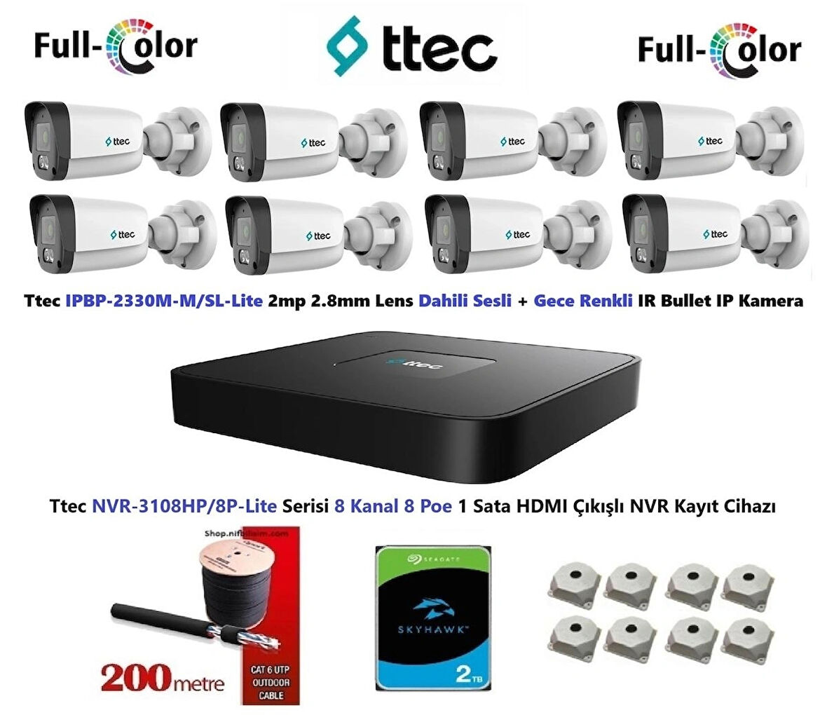 Ttec 2mp Dahili Sesli Ve Gece Renkli 8 Kameralı 2TB Disk Tak Çalıştır Hazır IP Kamera Seti