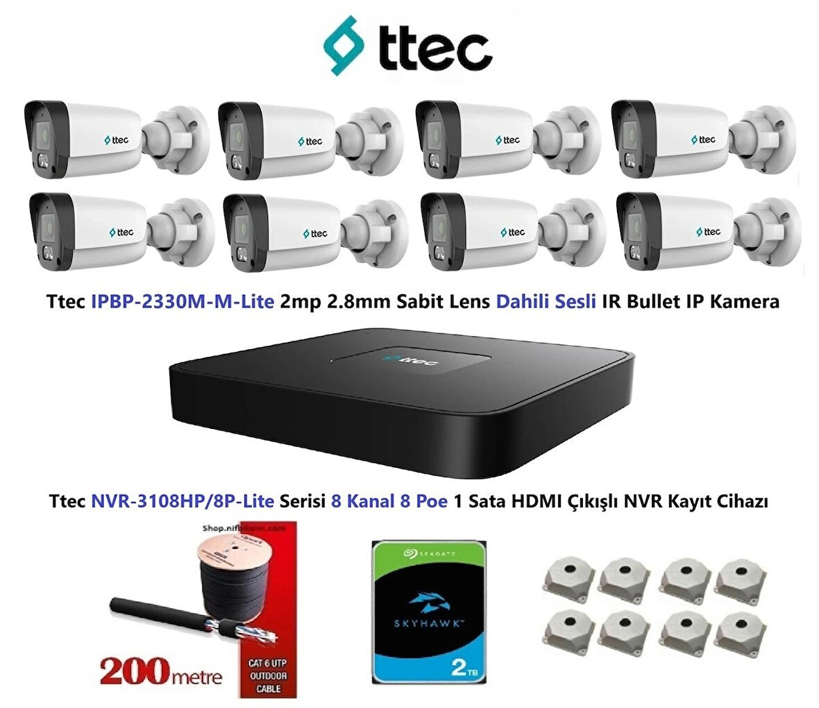 Nif Bilişim Ttec 2mp Mikrofonlu 8 Kameralı 2TB Disk Tak Çalıştır Hazır IP Kamera Seti