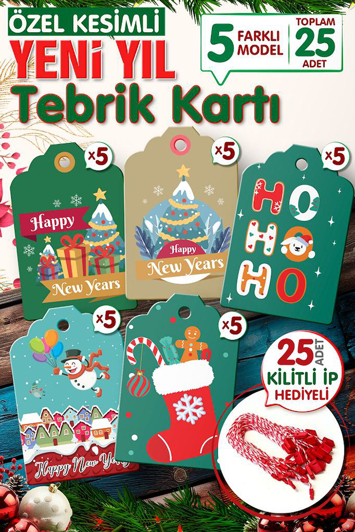 Yılbaşı Hediye Paketi Etiketi 25 Adet 7x4,5 Cm  , 25 Adet Kilitli İp Hediyeli - Happy New Year   Y3-T1017