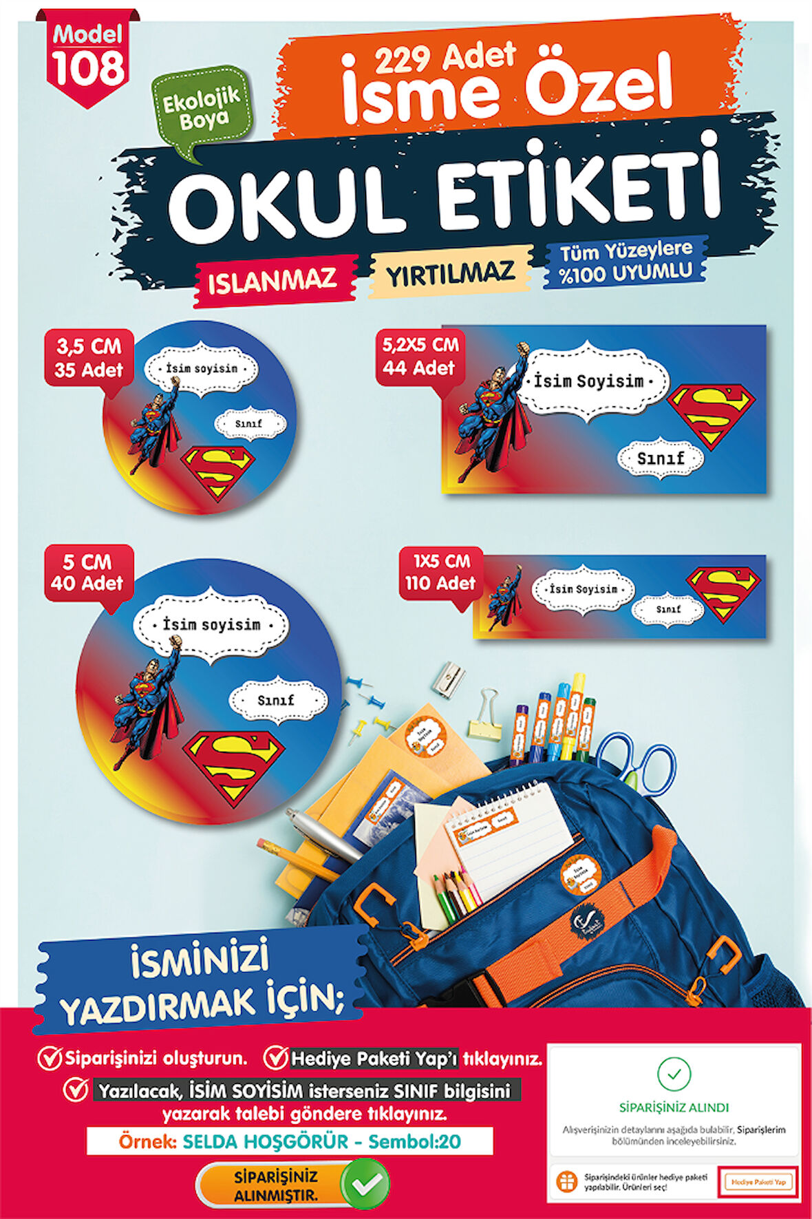 Okul Etiketi Süpermen Temalı Kalem Defter Etiketi Özel İsim Yazılabilen Etiket Seti - İsim Etiketi-T1021-OE108