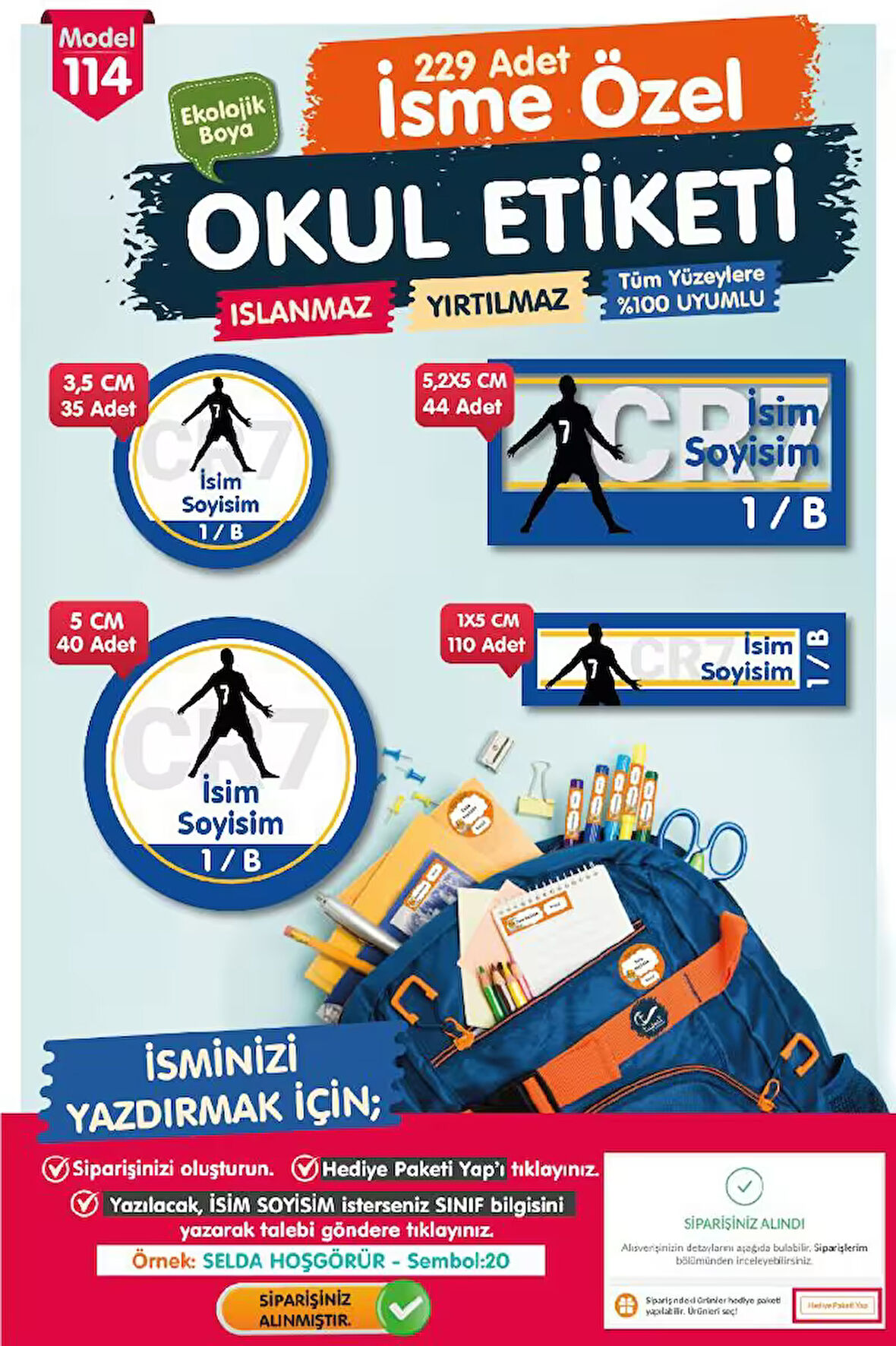 Okul Etiketi Ronaldo  Temalı Kalem Defter Etiketi Özel İsim Yazılabilen Etiket Seti - İsim Etiketi-T1032-OE114