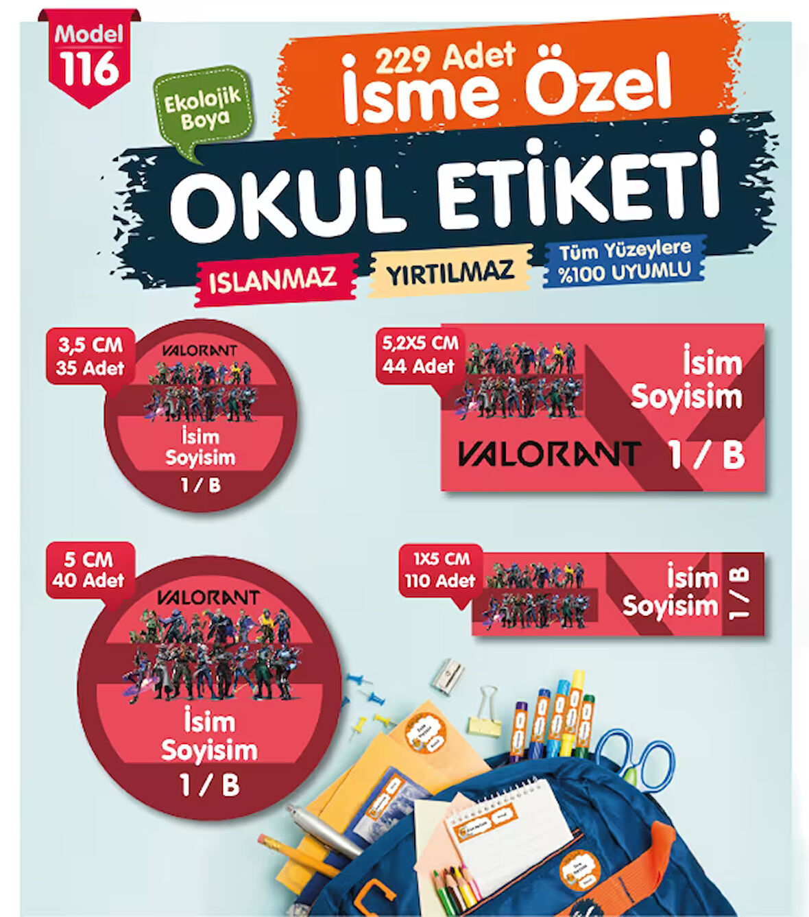 Okul Etiketi Valorant Temalı Kalem Defter Etiketi Özel İsim Yazılabilen Etiket Seti - İsim Etiketi-T1034-OE116