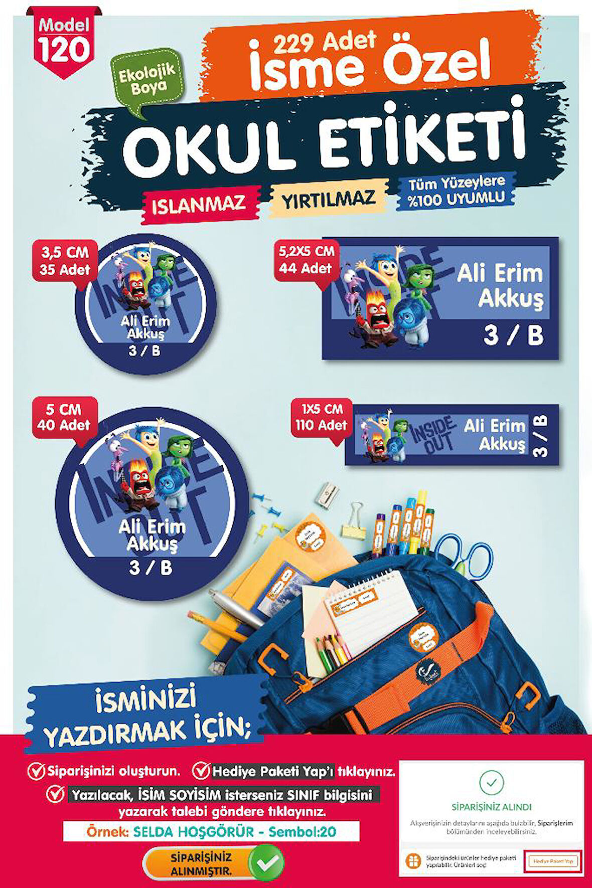 Okul Etiketi  Ters Yüz Temalı Kalem Defter Etiketi Özel İsim Yazılabilen Etiket Seti - İsim Etiketi-T1038-OE120