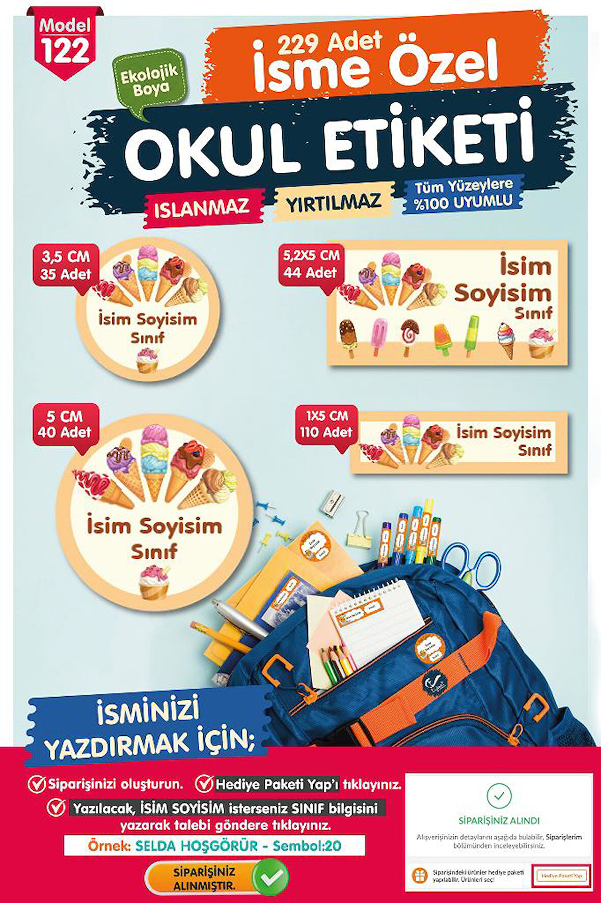 Okul Etiketi  İcecream Temalı Kalem Defter Etiketi Özel İsim Yazılabilen Etiket Seti - İsim Etiketi-T1044-OE122