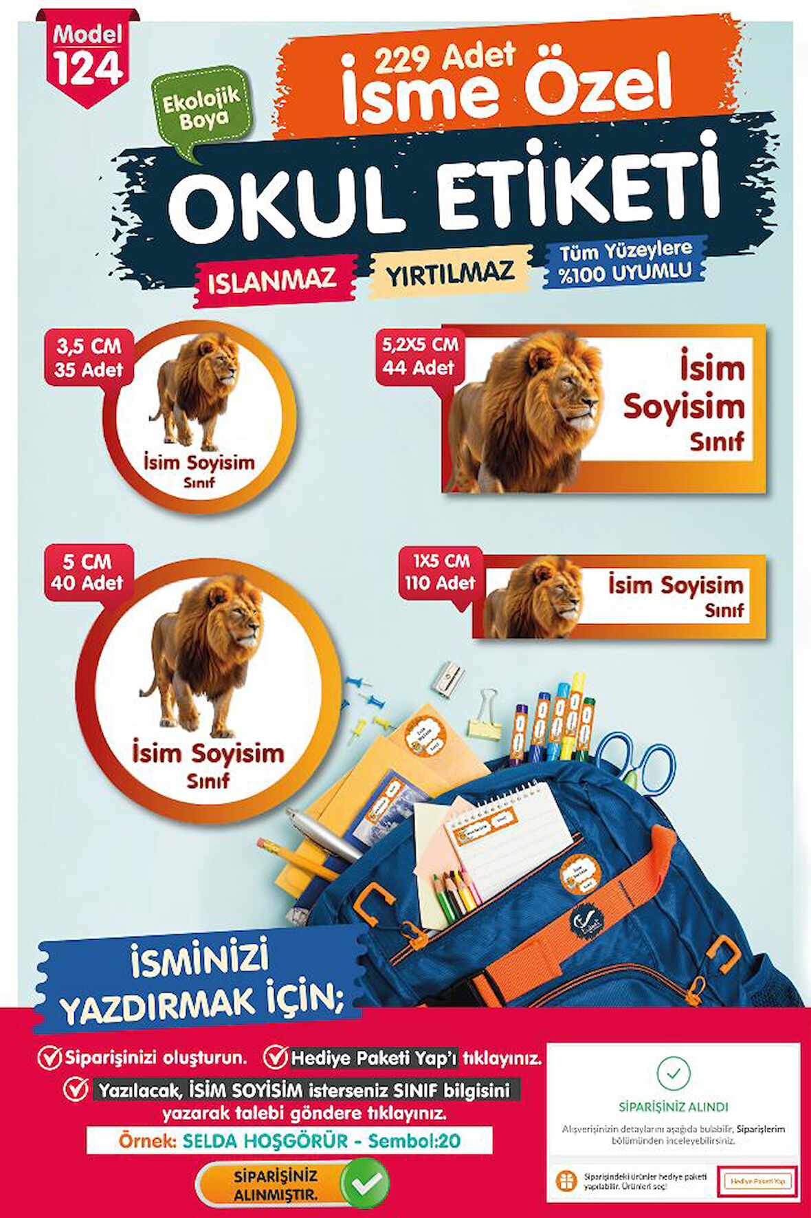 Okul Etiketi Aslan Temalı Sarı Kırmzı Kalem Defter Etiketi Özel İsim Yazılabilen Etiket Seti - İsim Etiketi-T1046-OE124