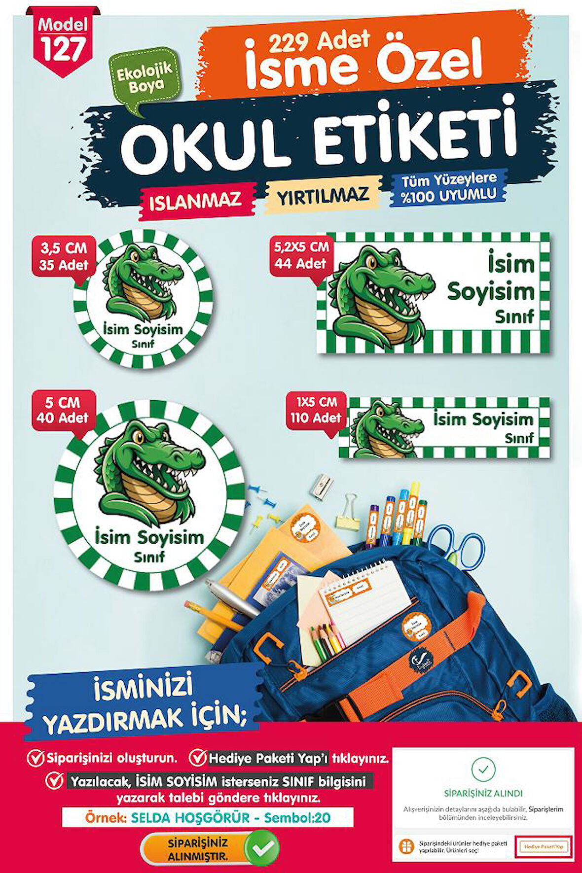 Okul Etiketi Yeşil Beyaz Timsah Temalı Kalem Defter Etiketi Özel İsim Yazılabilen Etiket Seti - İsim Etiketi-T1049-OE127