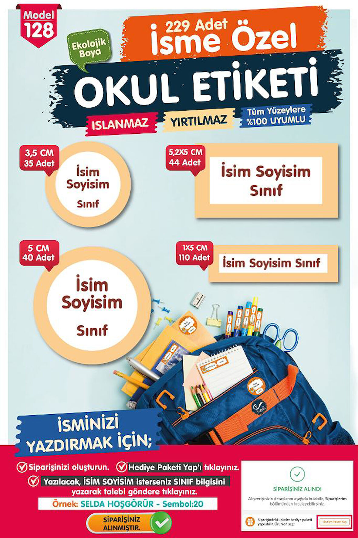 Okul Etiketi Pudra beyaz Çerçeve  Temalı Kalem Defter Etiketi Özel İsim Yazılabilen Etiket Seti - İsim Etiketi-T1050-OE128